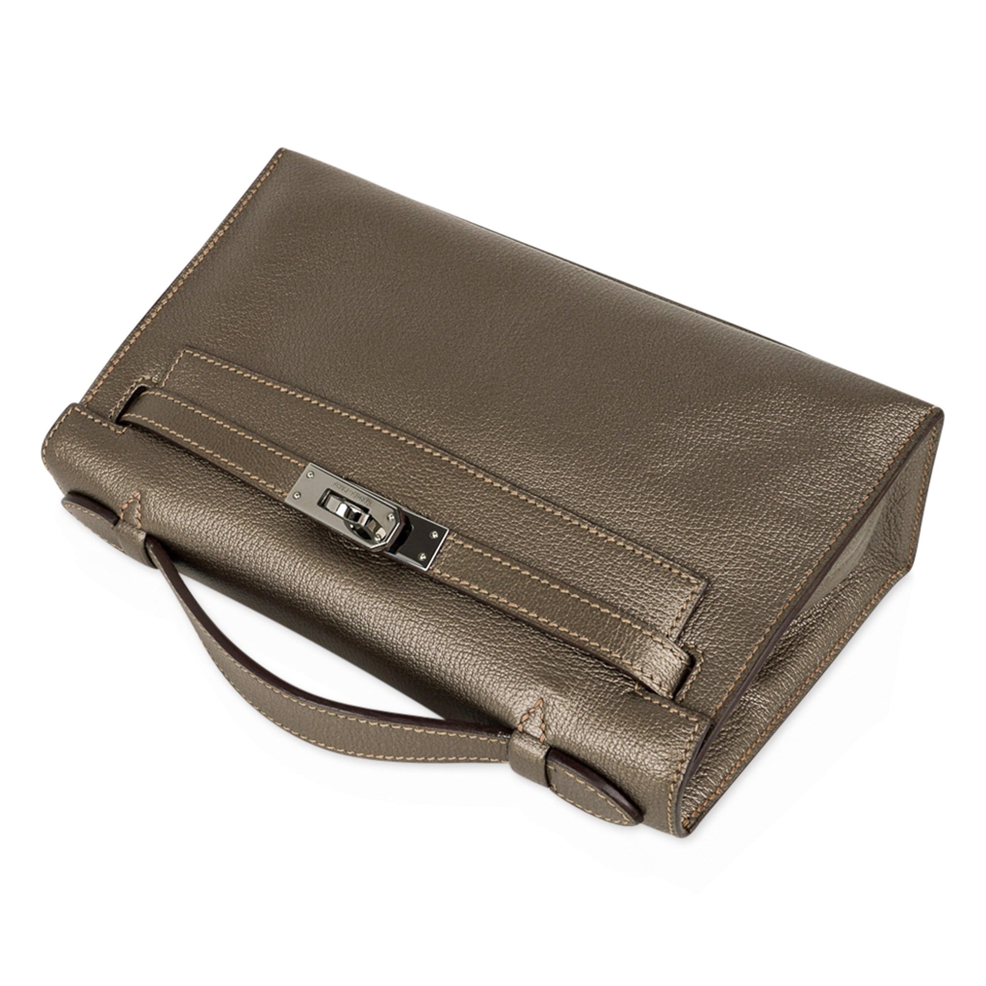 👜Kelly Pochette Metallic Bronze Clutch Bag Chevre Palladium