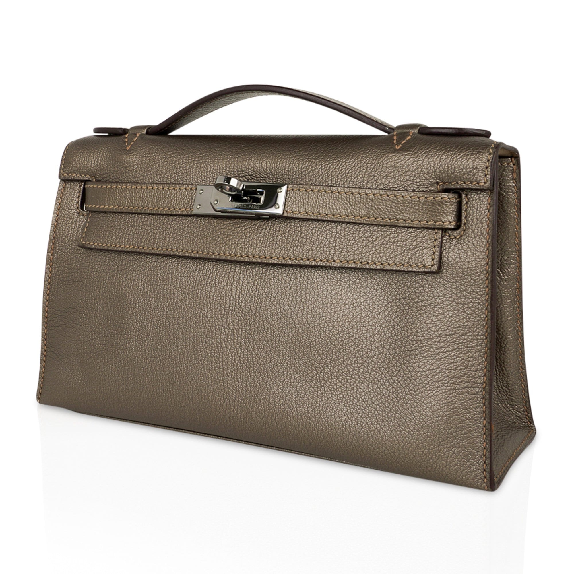 👜Kelly Pochette Metallic Bronze Clutch Bag Chevre Palladium