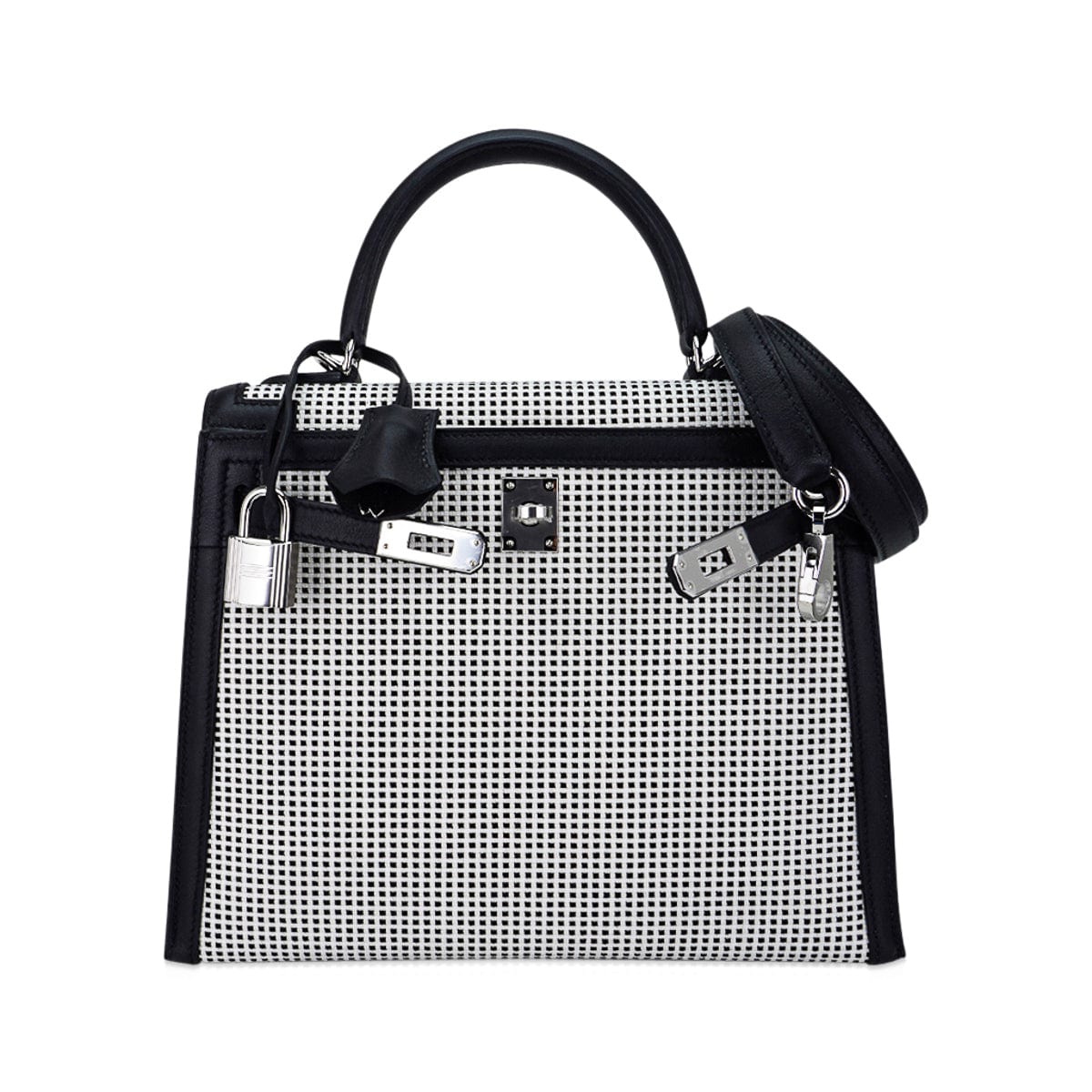 👜Kelly 25 Sellier Bag Quadrille Black & White Viking Toile Swift Leather with Palladium Hardware