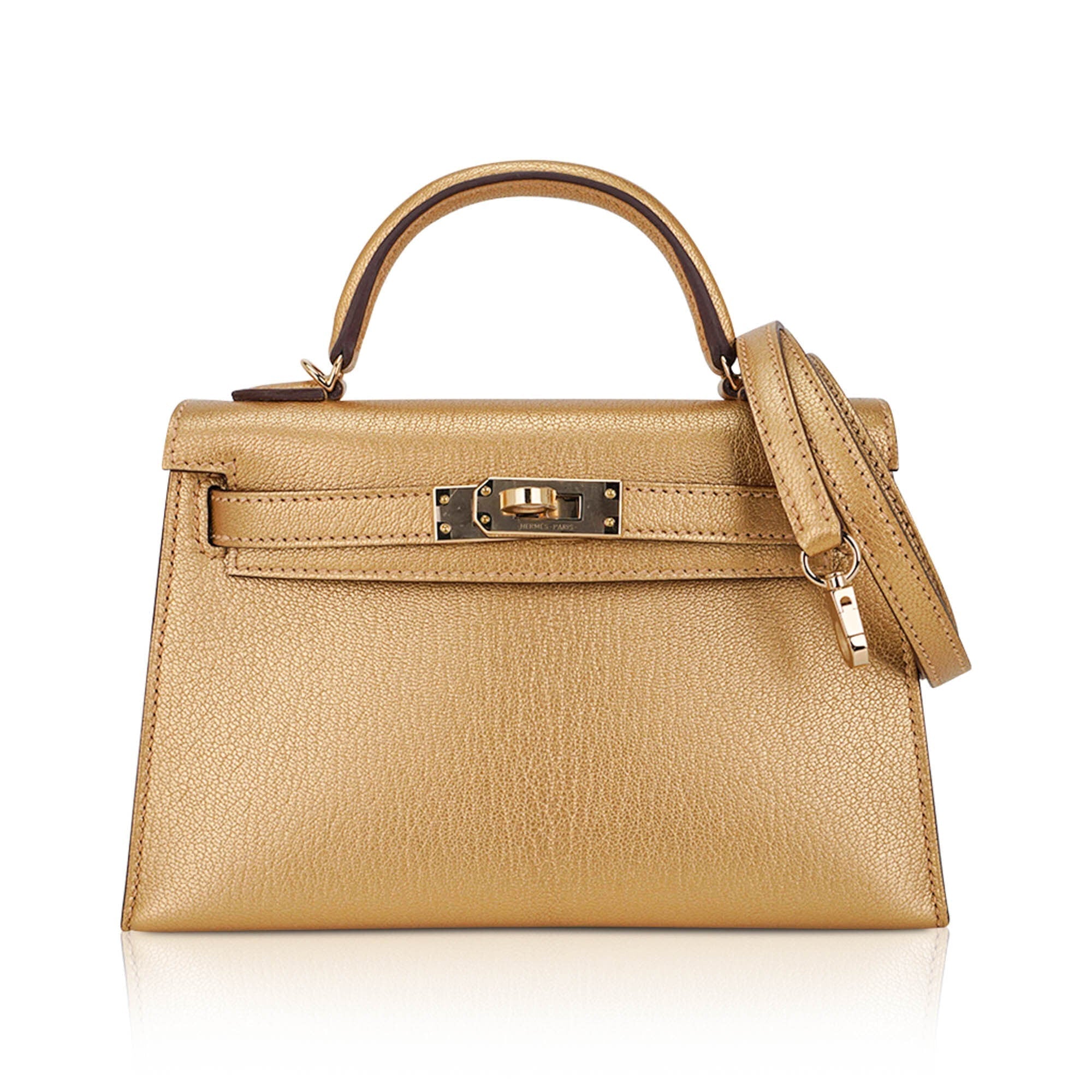 👜Kelly Sellier 20 Metallic Dore Chevre Chamkilight Permabrass Hardware