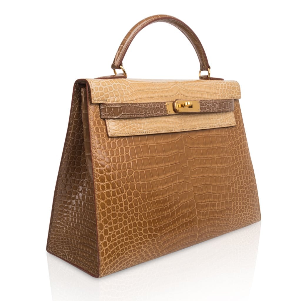👜Limited Edition Tri-Color Kelly Sellier 32 Bag  Poussiere Poudre Ficelle Porosus Crocodile