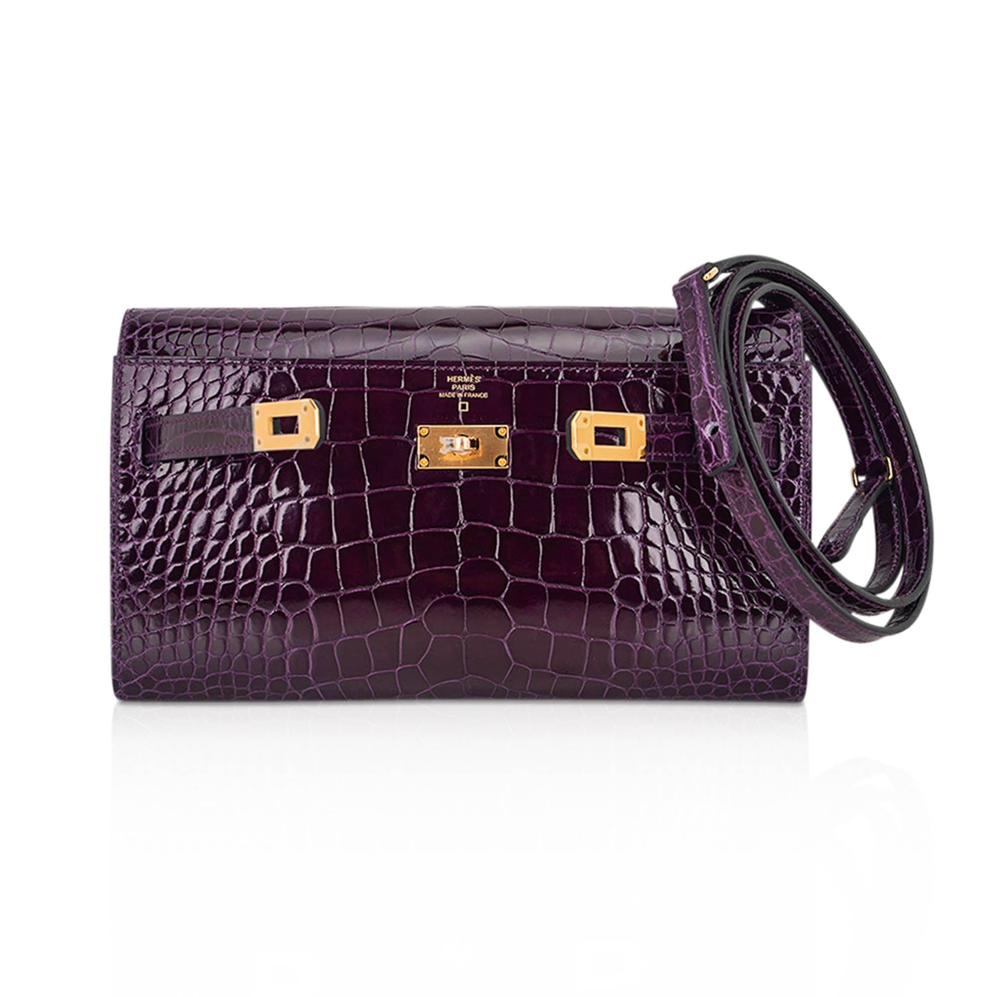 👜Kelly Classique To Go Wallet Cassis Alligator with Gold Hardware