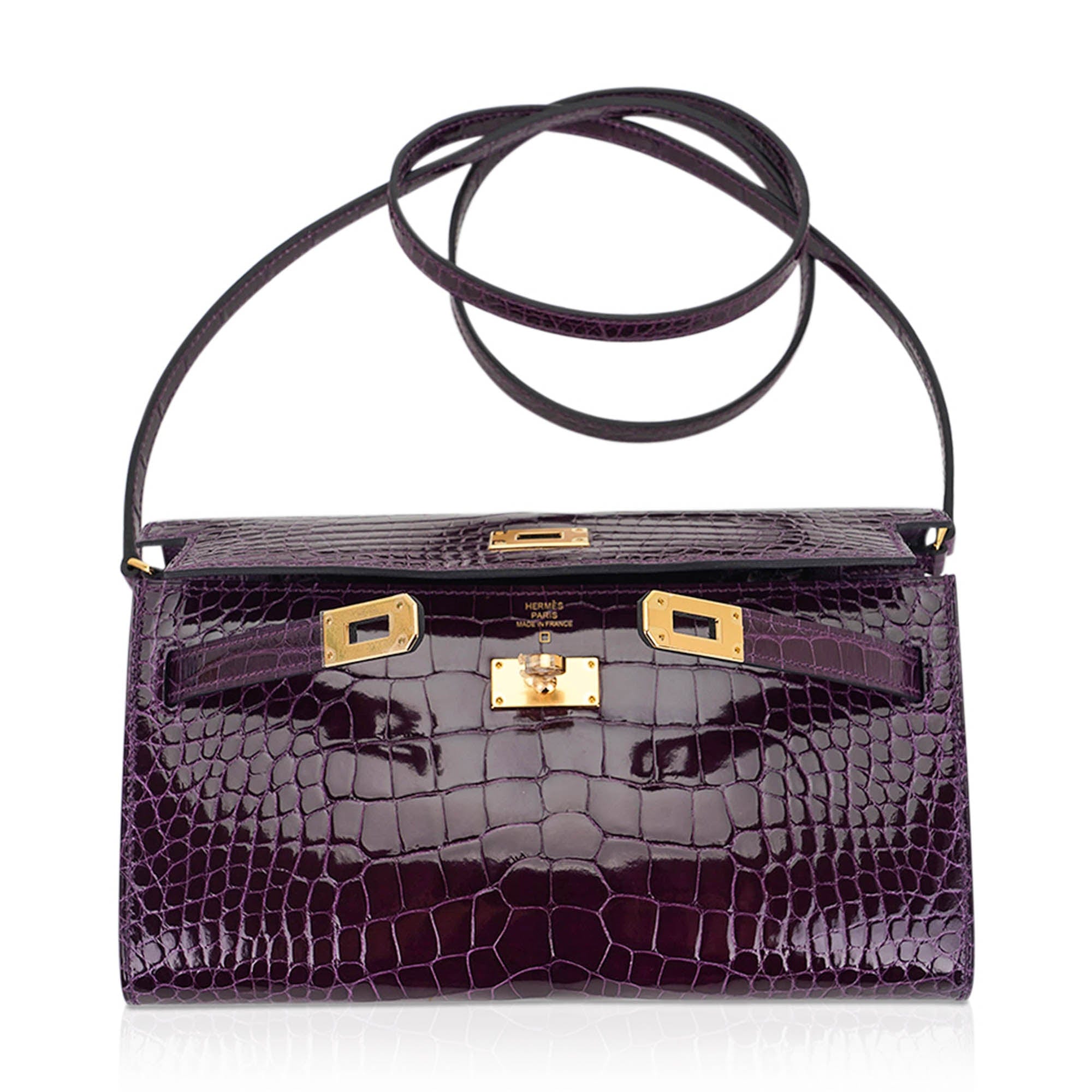👜Kelly Classique To Go Wallet Cassis Alligator with Gold Hardware