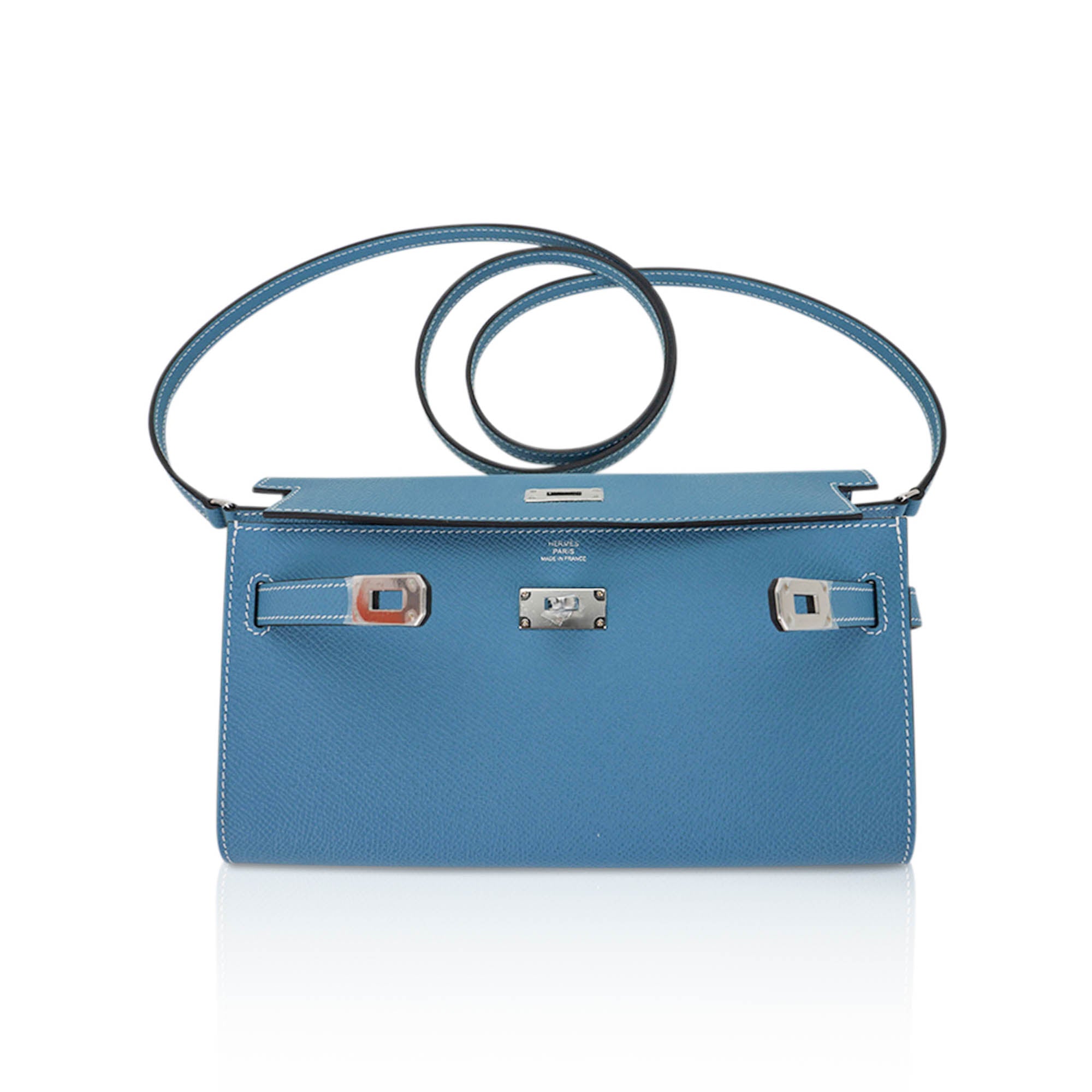 👜Kelly Classique To Go Wallet New Blue Jean Epsom with Palladium Hardware
