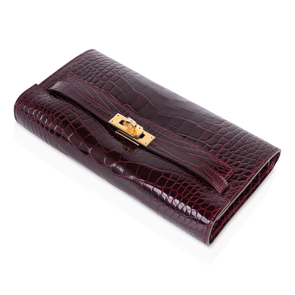 👜Kelly Classique To Go Wallet Bordeaux Alligator Gold Hardware New w/Box