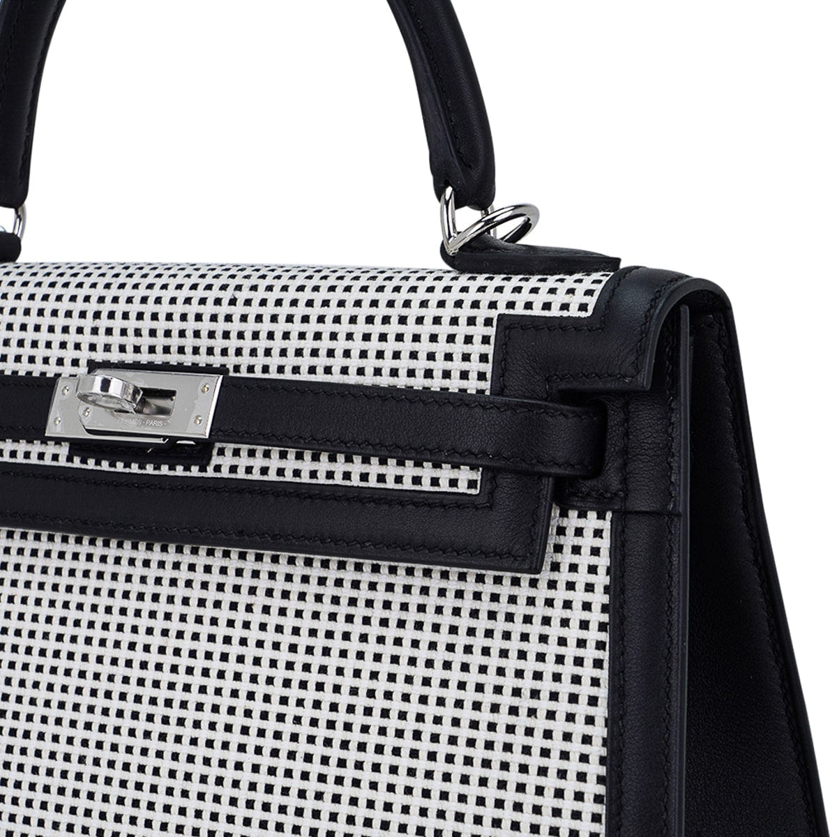 👜Kelly 25 Sellier Bag Quadrille Black & White Viking Toile Swift Leather with Palladium Hardware