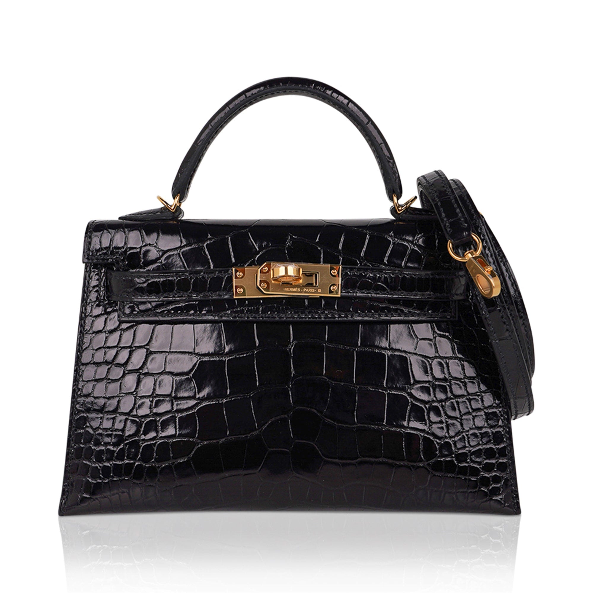 👜Kelly 20 Mini Sellier Bag Black Alligator Gold Hardware
