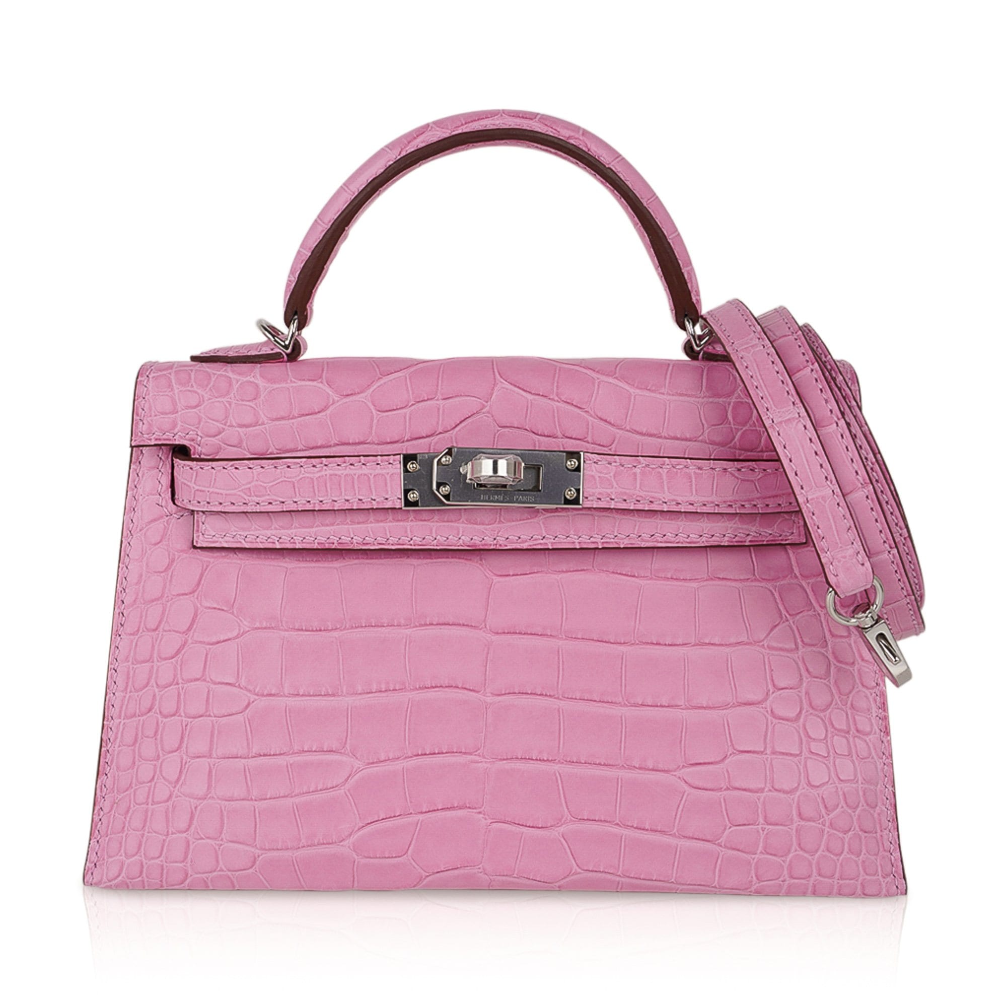 👜Kelly 20 Mini Sellier Bag 5P Pink Matte Alligator Palladium Limited Edition