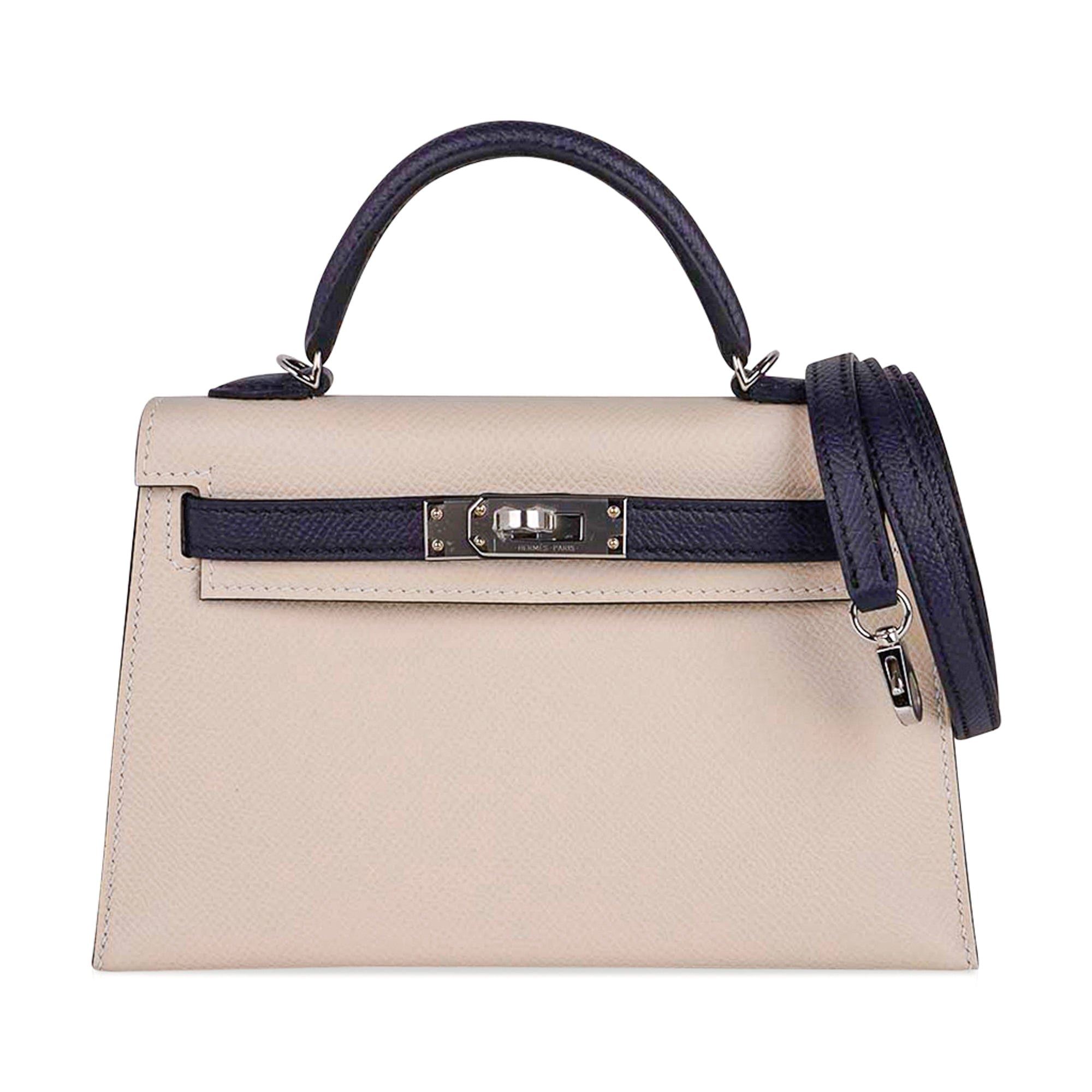 👜Special Order HSS Mini Kelly 20 Bag Sellier Craie & Blue Indigo Epsom Leather with Palladium Hardware