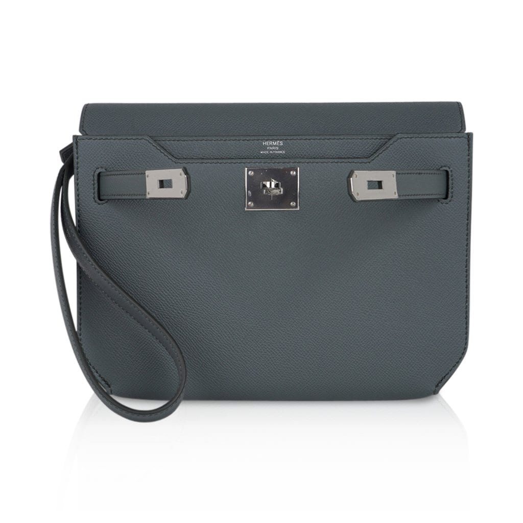 👜Kelly Depeches 25 Pouch Vert Amande Epsom Palladium Hardware New