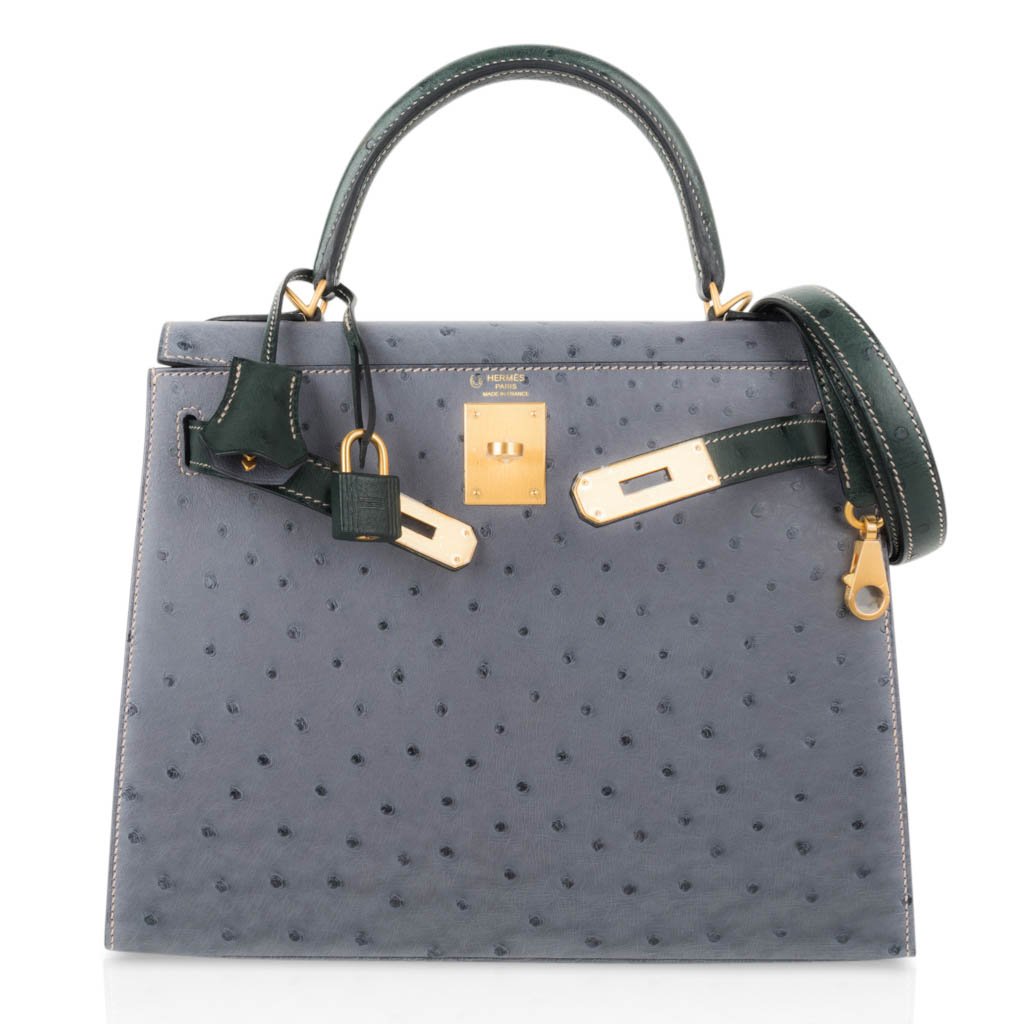 👜Kelly Sellier 28 HSS Bag Gris Agate / Vert Titien Ostrich Gold Hardware