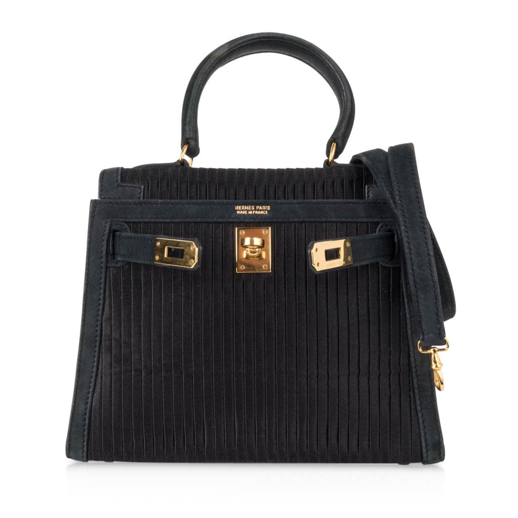 👜Kelly 20 Mini Vintage Bag Black Pleated Silk Suede Trim Gold Hardware