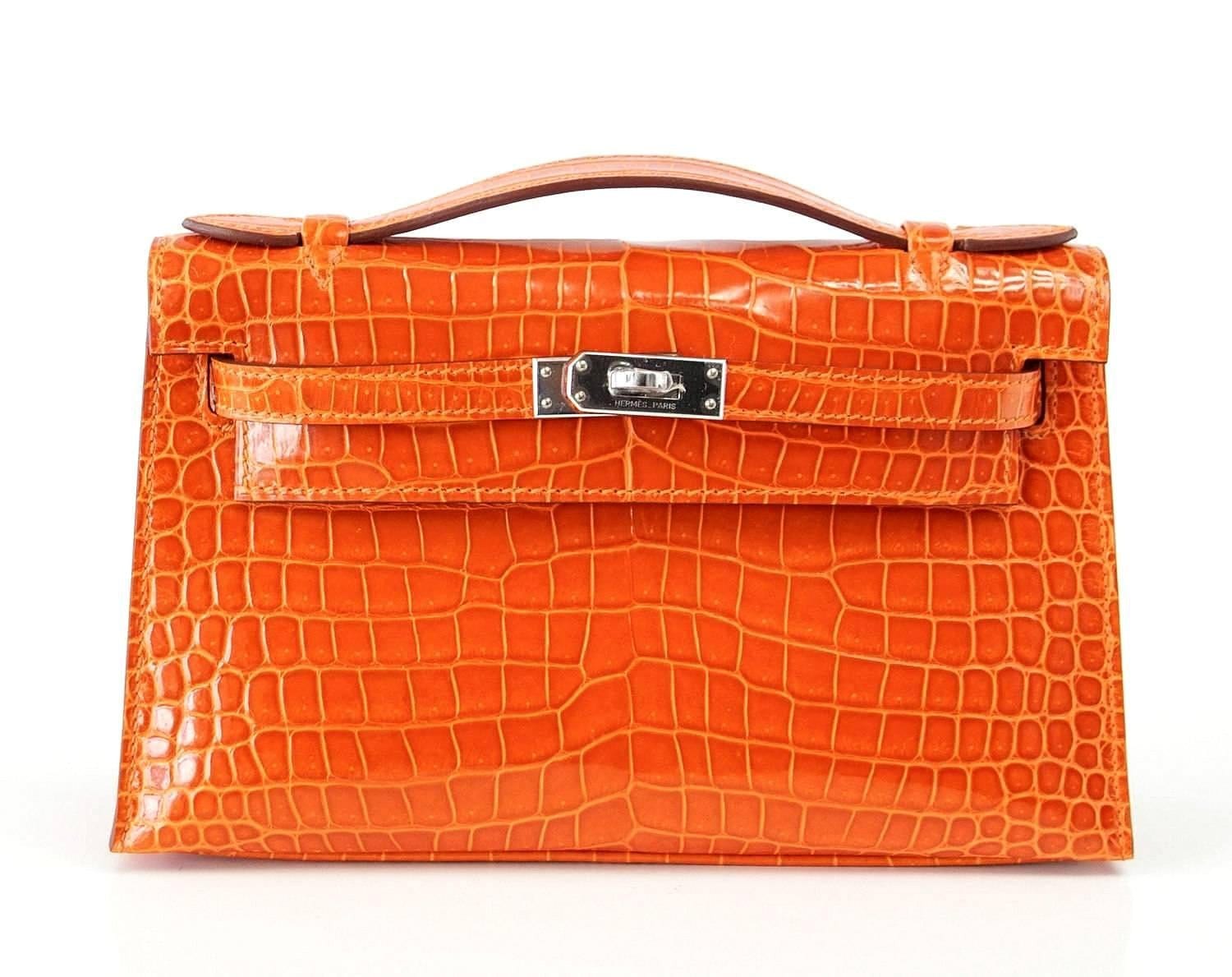 👜Kelly Pochette Clutch Bag Orange Feu Rare in Porosus Crocodile