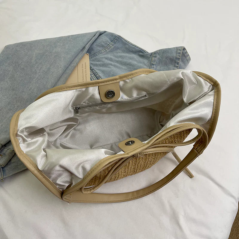 Multi-Tone Woven Shoulder Tote with Front Knotted Ribbon Embellishment and Curved Cutout Upper Profile Handbag