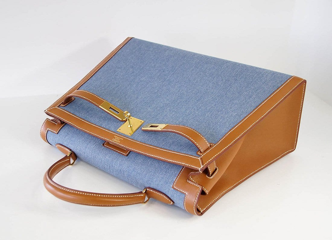 👜Kelly 35 Bag Vintage Denim and Barenia Sellier Gold Hardware Superb