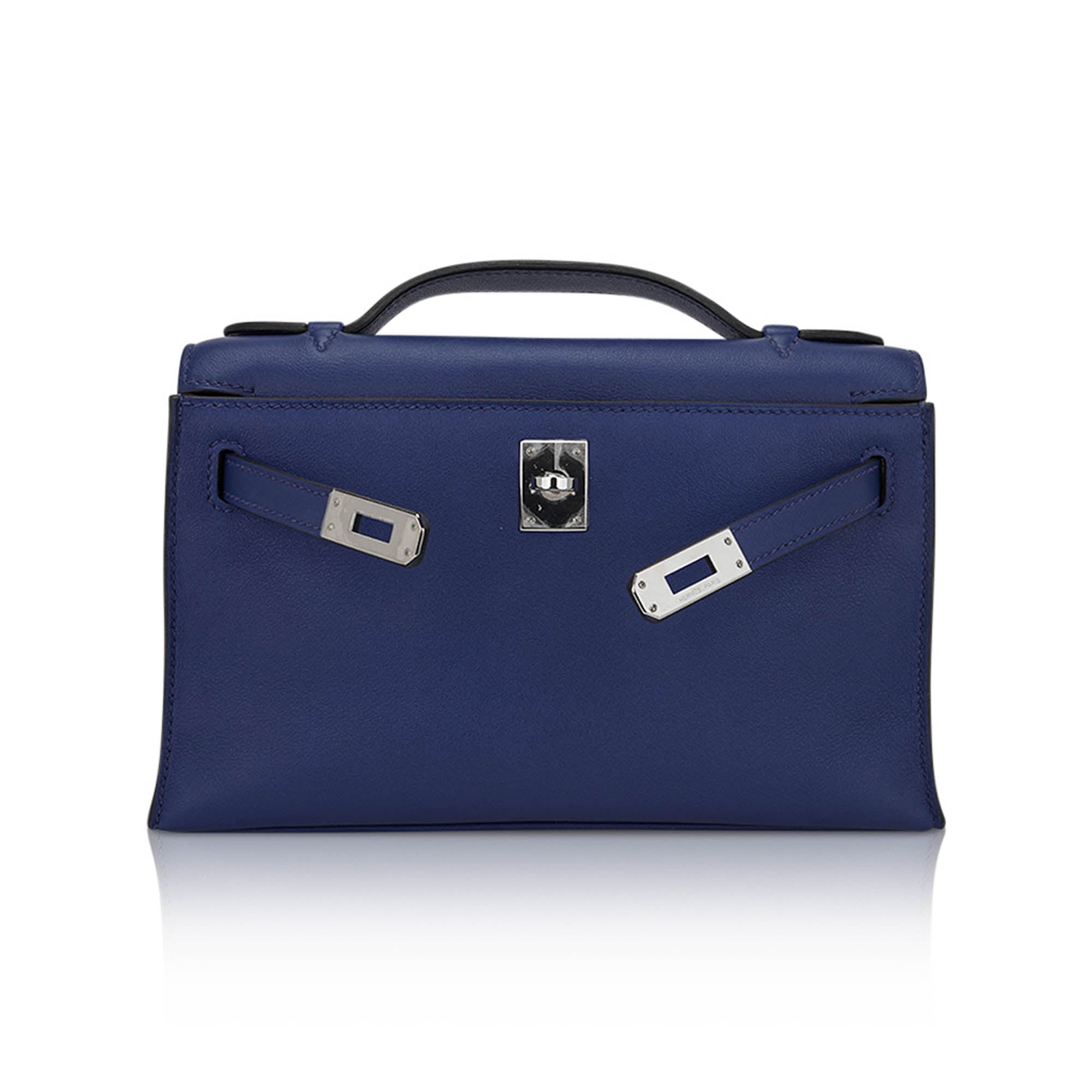 👜Kelly Pochette Clutch Bag Blue Sapphire Swift Leather with Palladium Hardware