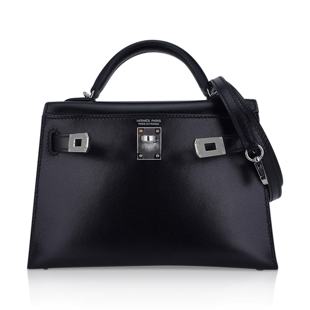 👜Kelly 20 Sellier Black Box Leather Mini Bag Palladium Hardware