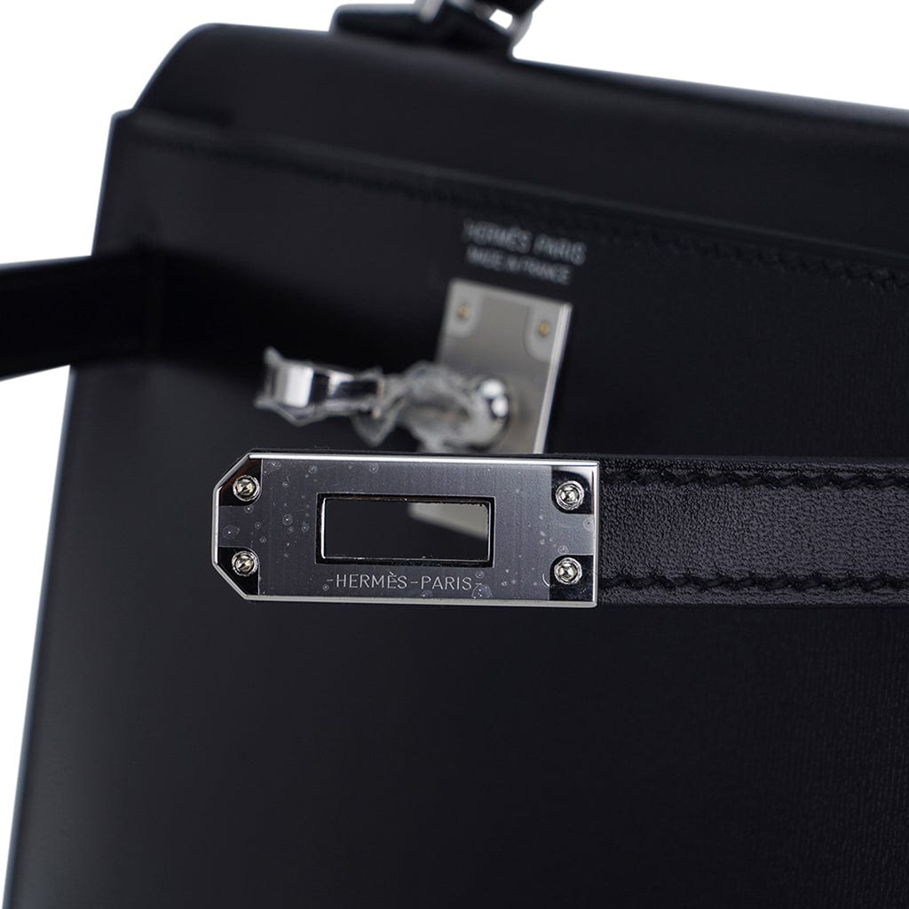 👜Kelly 20 Sellier Black Box Leather Mini Bag Palladium Hardware