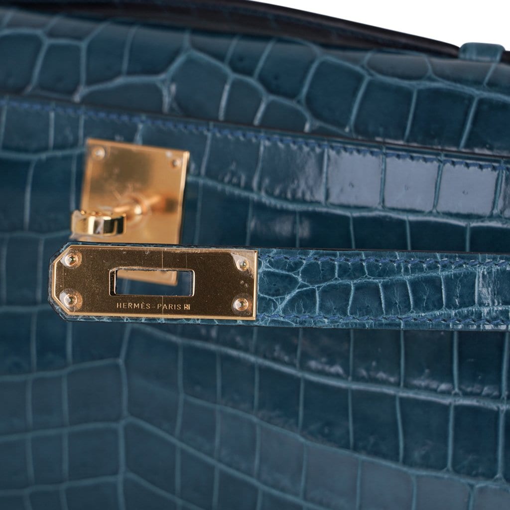 👜Kelly Cut Bag Blue Colvert Crocodile with Gold Hardware