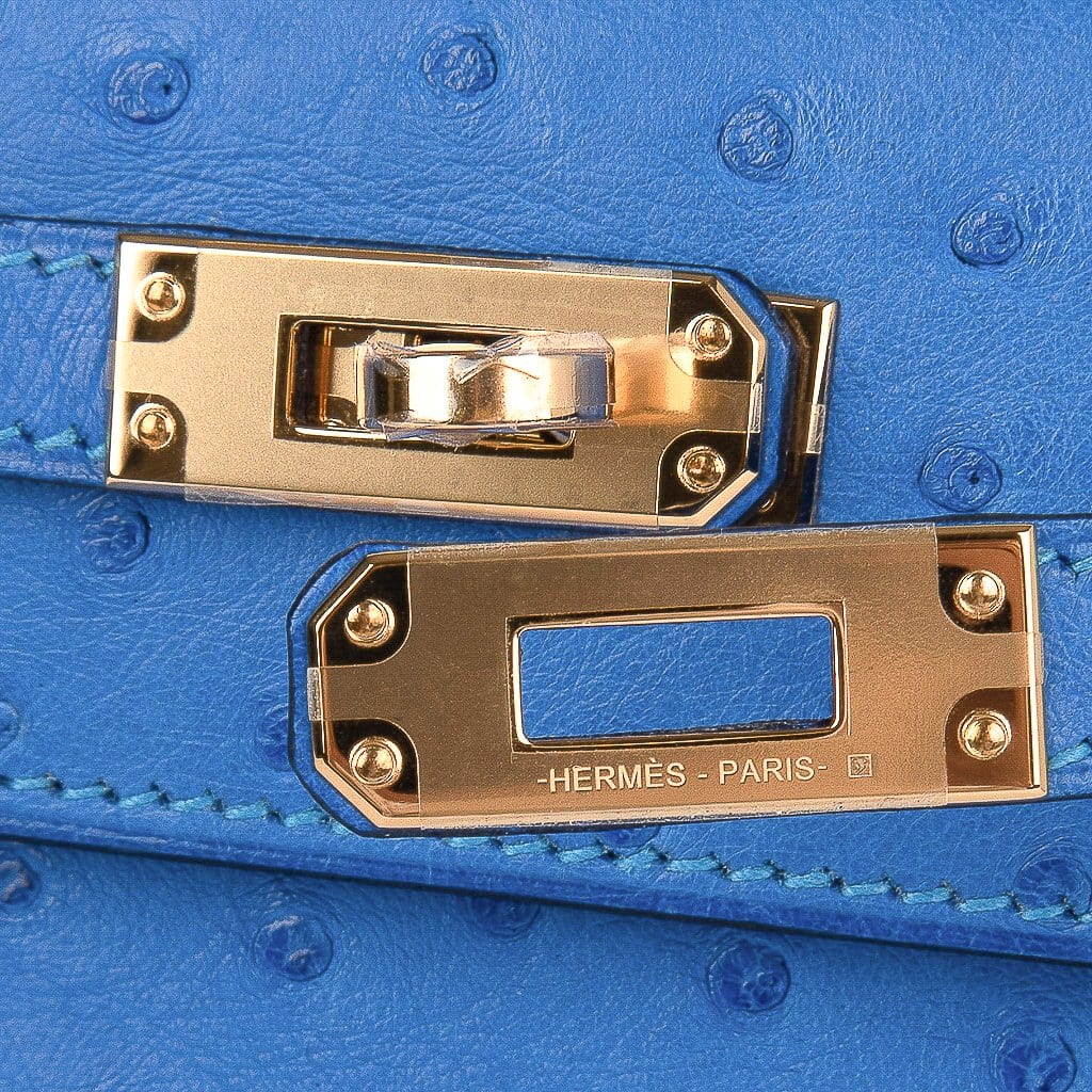 👜Kelly Pochette Bag Bleuet Ostrich Clutch Gold Hardware