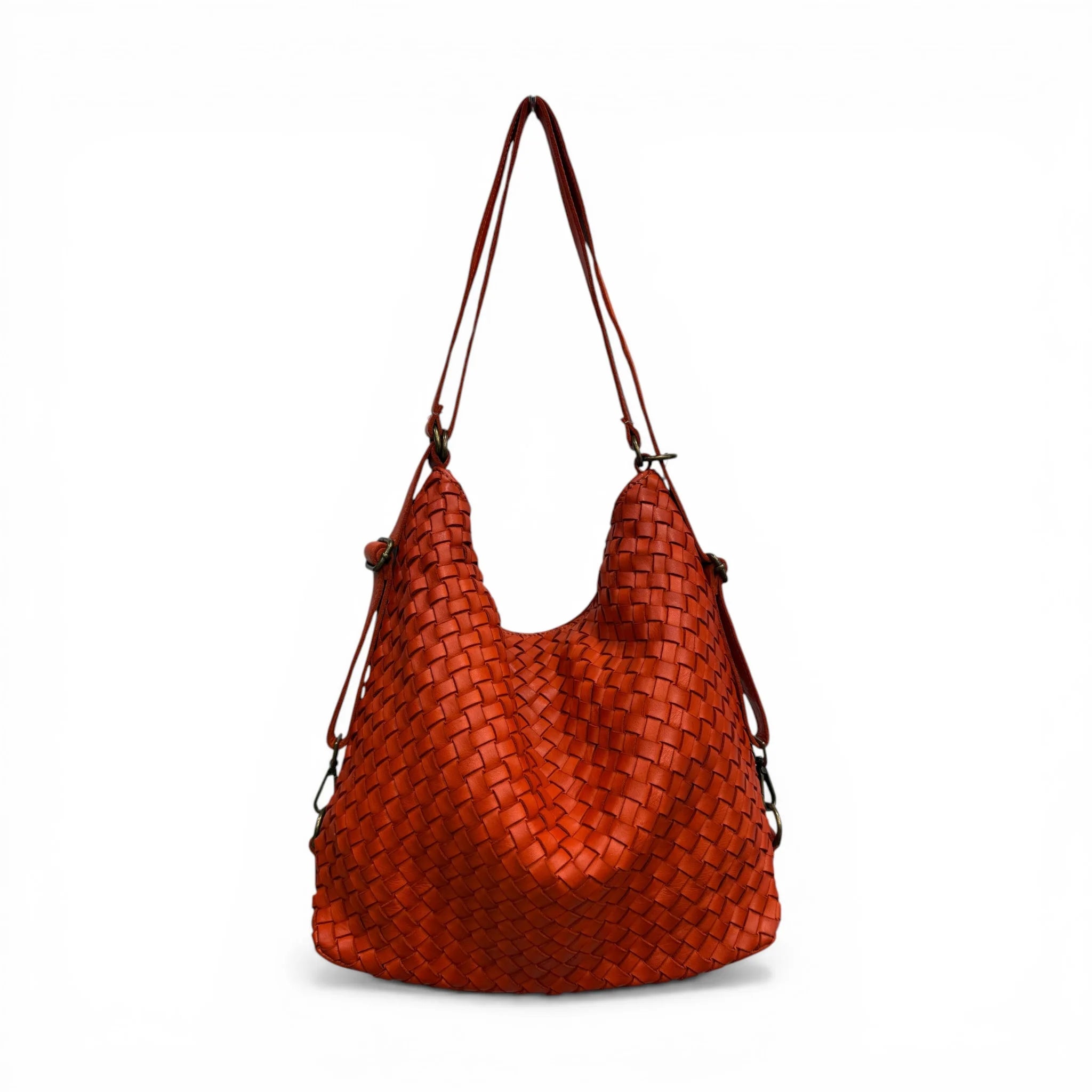 Multi-Tone Interchangeable Carry Slouch Sack With Grid Weave Surface Option And Reconfigurable Antique Metallic Fastened Straps Backpack