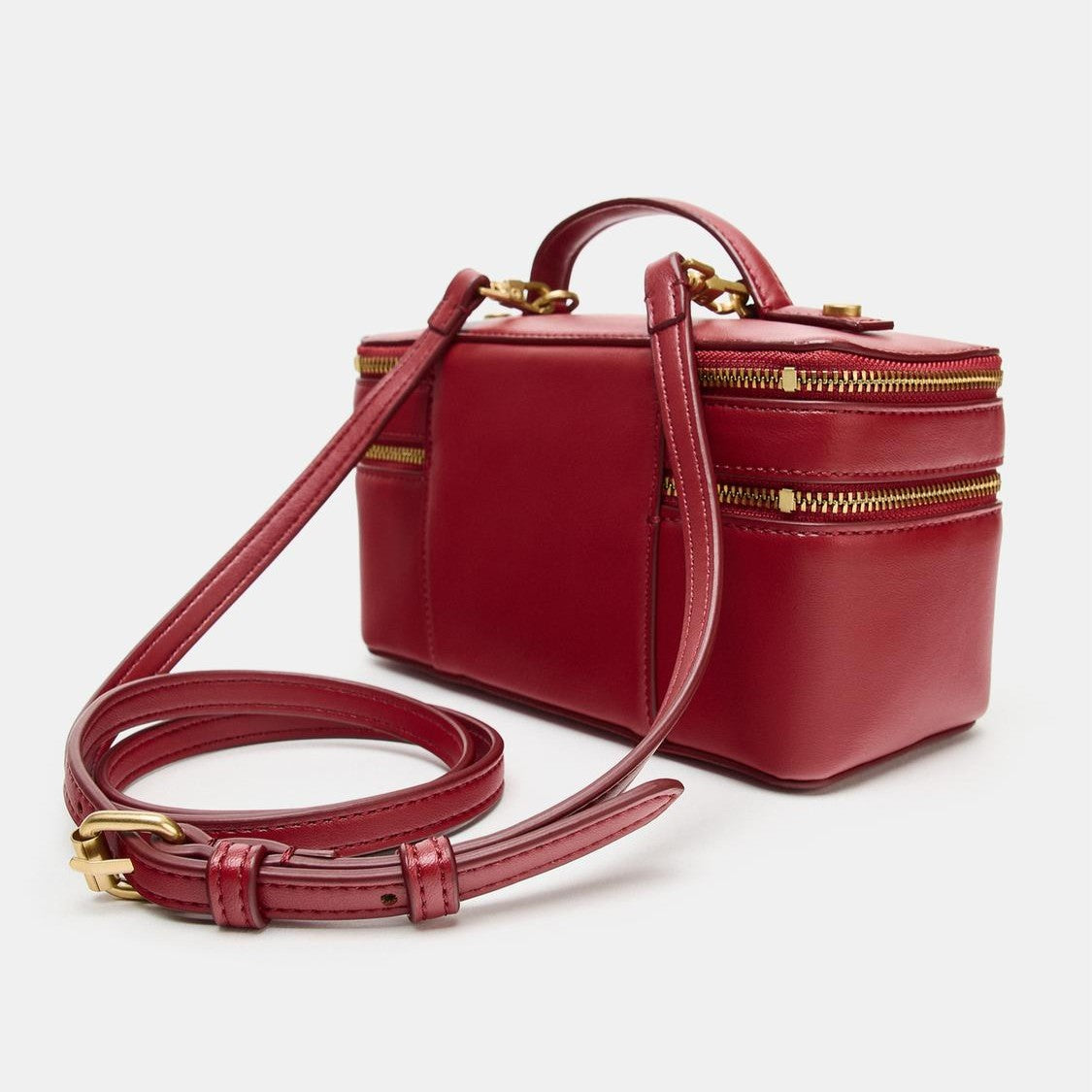 Deep Crimson Double-Compartment Carry Casket Contrast Stitch Detailing, Curved Top Loop And Dual Golden Zip Track Closure Train Case