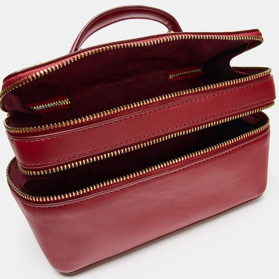 Deep Crimson Double-Compartment Carry Casket Contrast Stitch Detailing, Curved Top Loop And Dual Golden Zip Track Closure Train Case