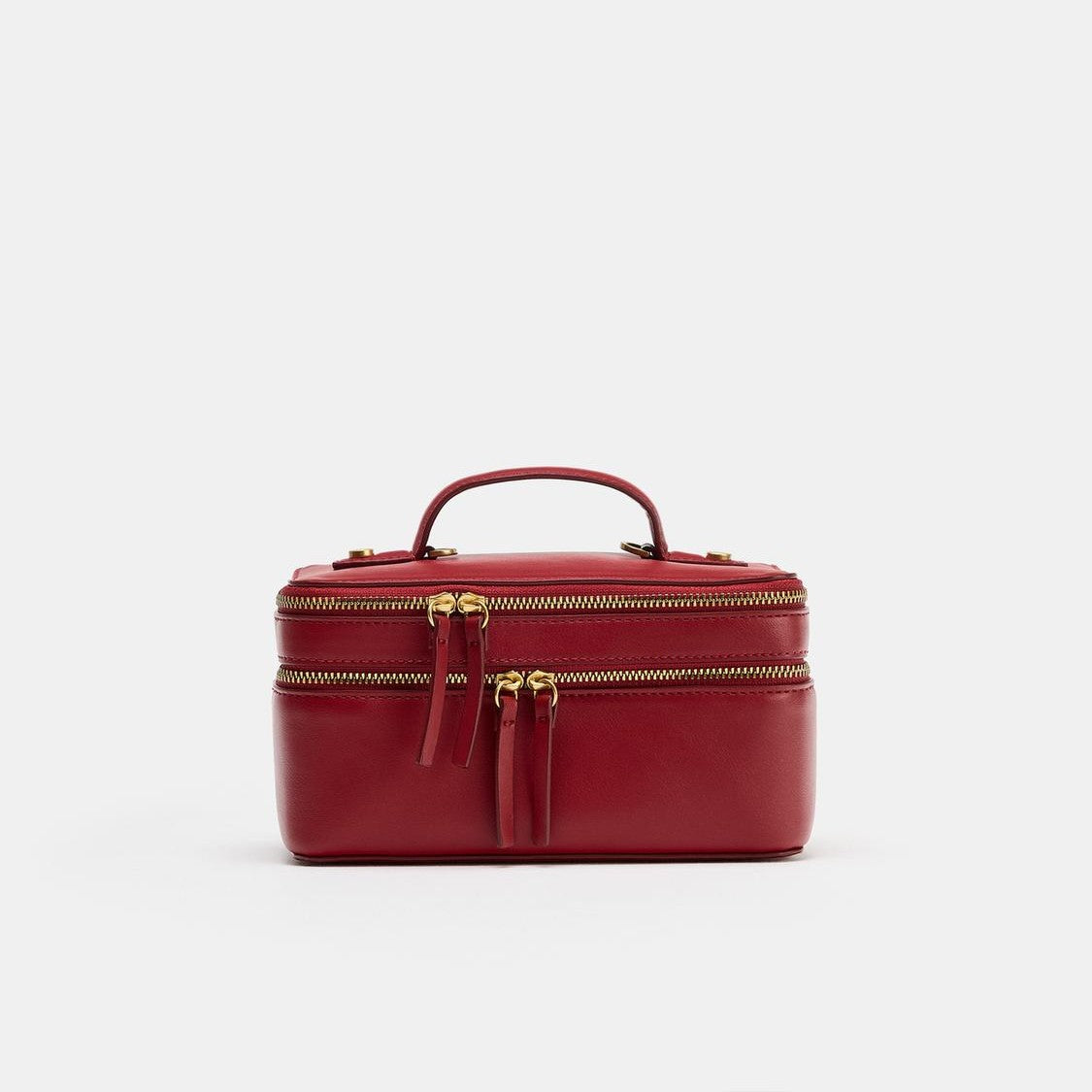 Deep Crimson Double-Compartment Carry Casket Contrast Stitch Detailing, Curved Top Loop And Dual Golden Zip Track Closure Train Case