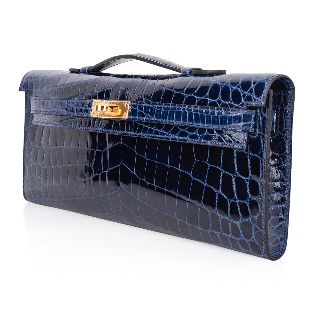 👜Kelly Cut Blue Sapphire Crocodile Clutch Bag Gold Hardware