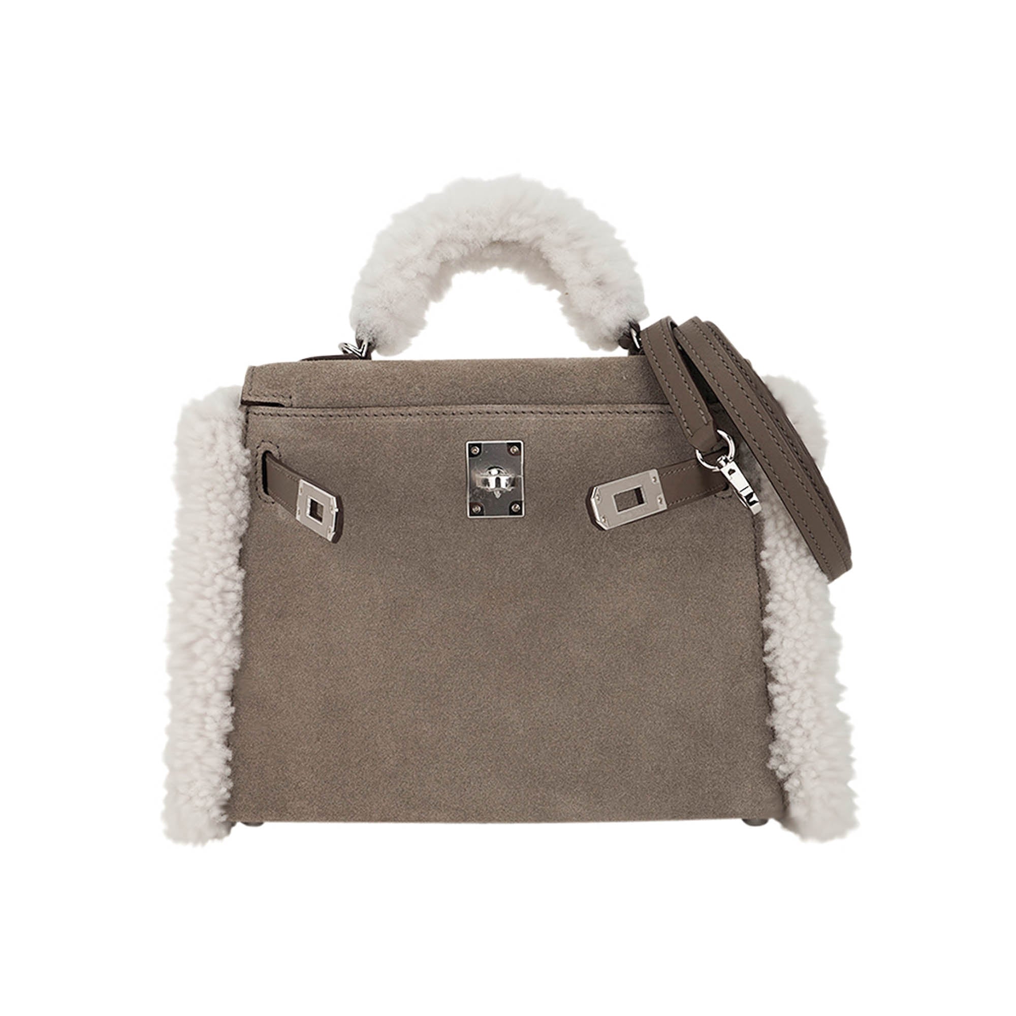 👜Kelly 20 Teddy Bag Pluch Shearling Gris Caillou Grizzly and Etoupe Swift Leather