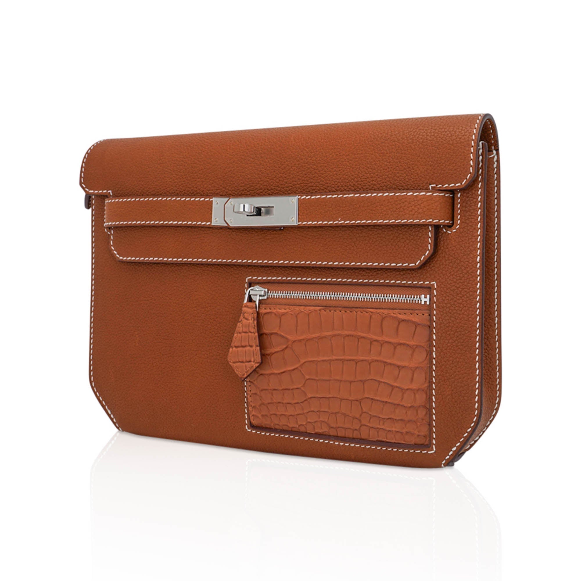 👜Kelly Depeches Touch Pouch 25 Bag Fauve Barenia Faubourg Leather and Gold Matte Alligator with Palladium Hardware