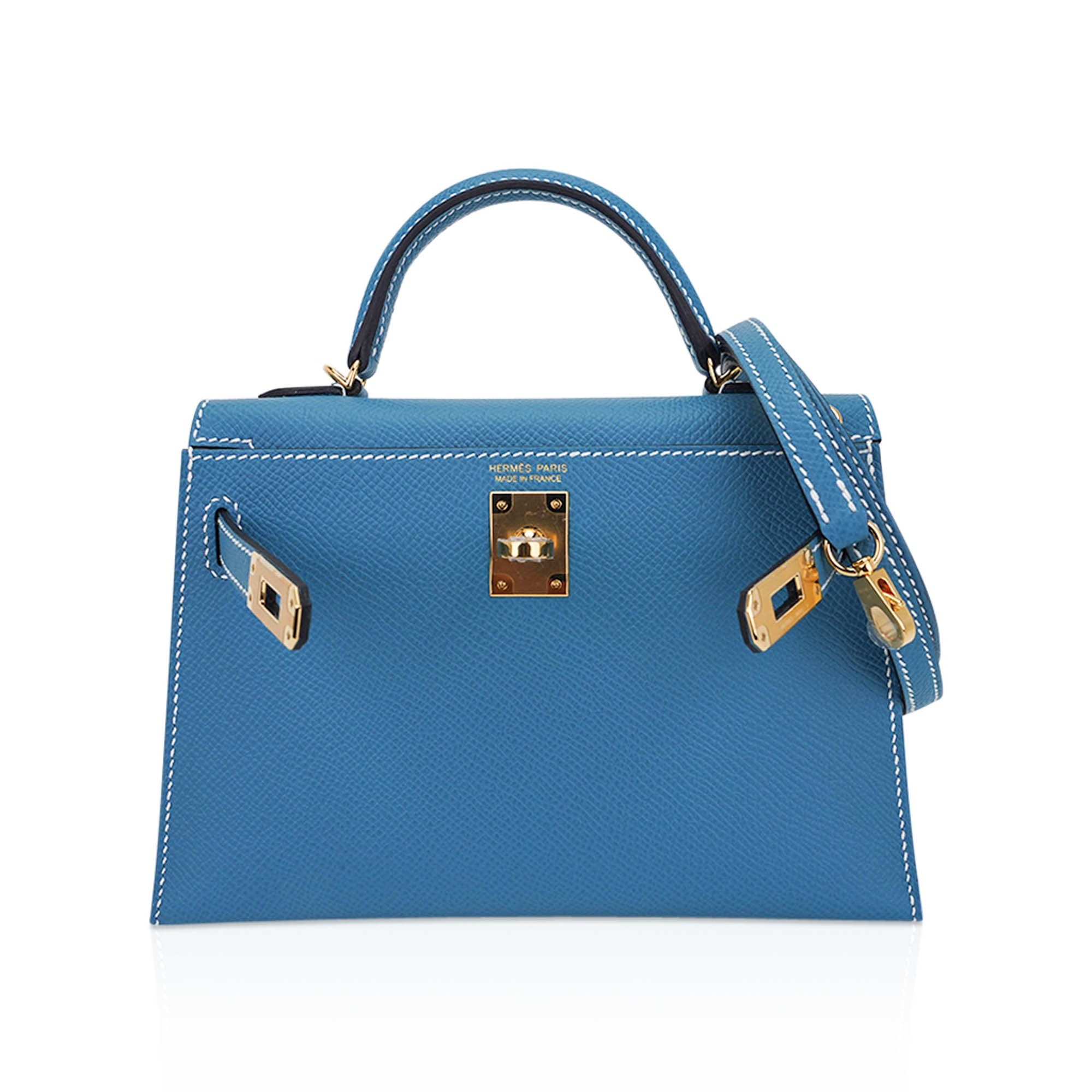 👜Mini Kelly 20 Bag Sellier New Blue Jean Epsom Leather with Gold Hardware