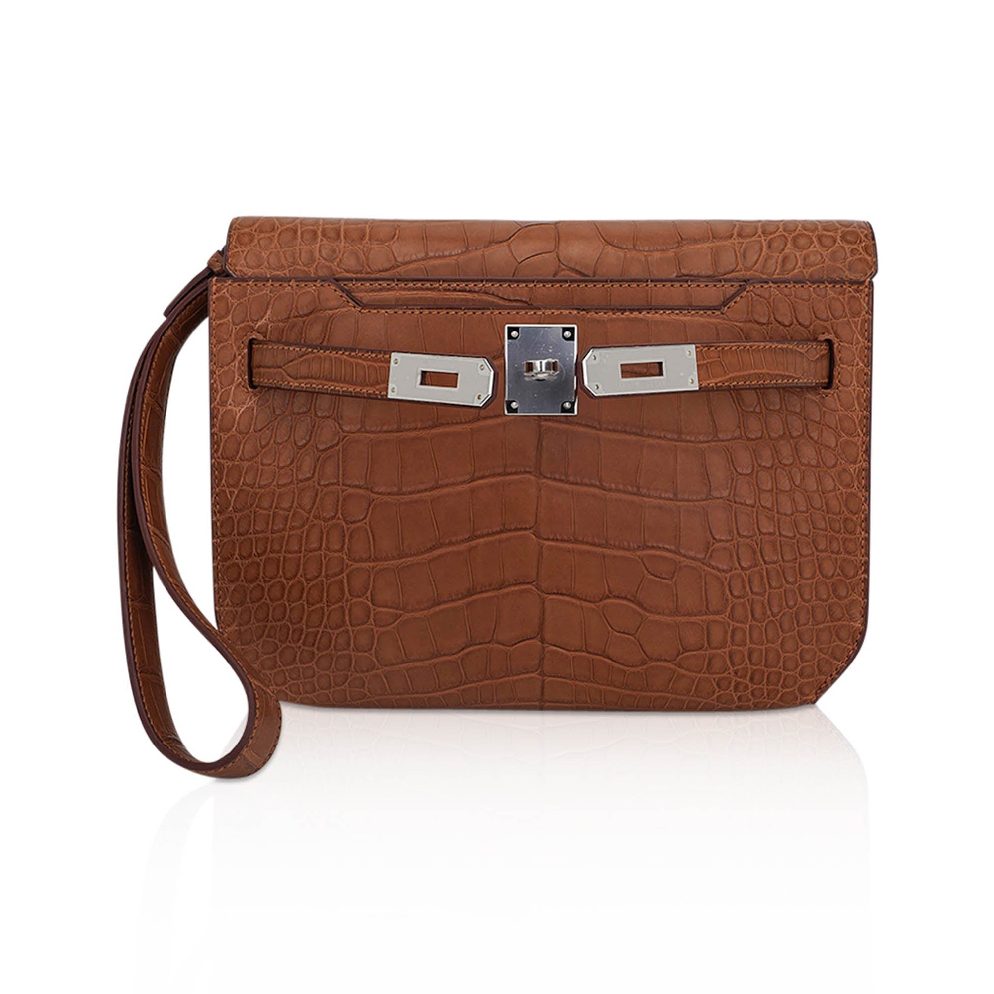 👜Kelly Depeches 25 Pouch Matte Gold Alligator with Palladium Hardware