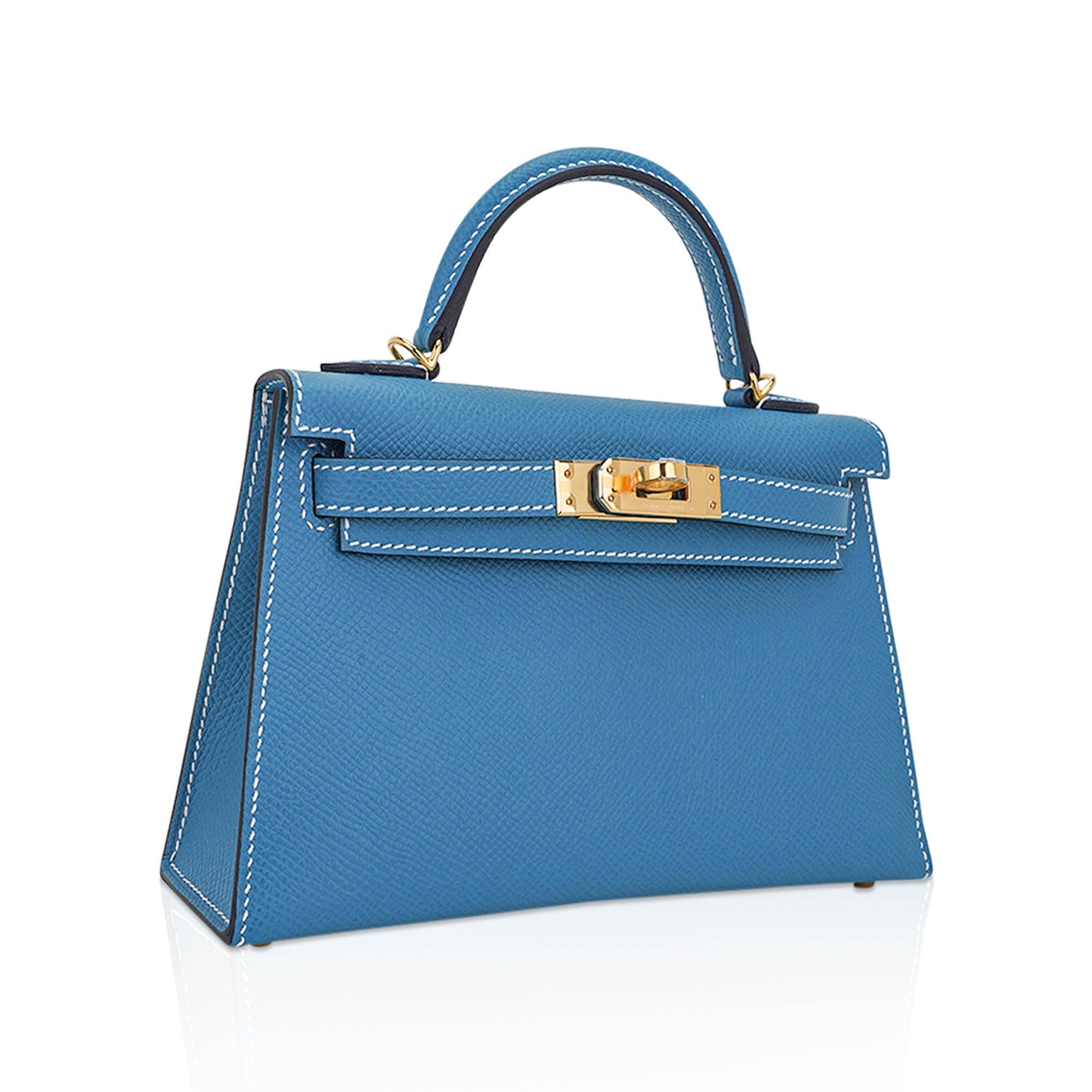 👜Mini Kelly 20 Bag Sellier New Blue Jean Epsom Leather with Gold Hardware