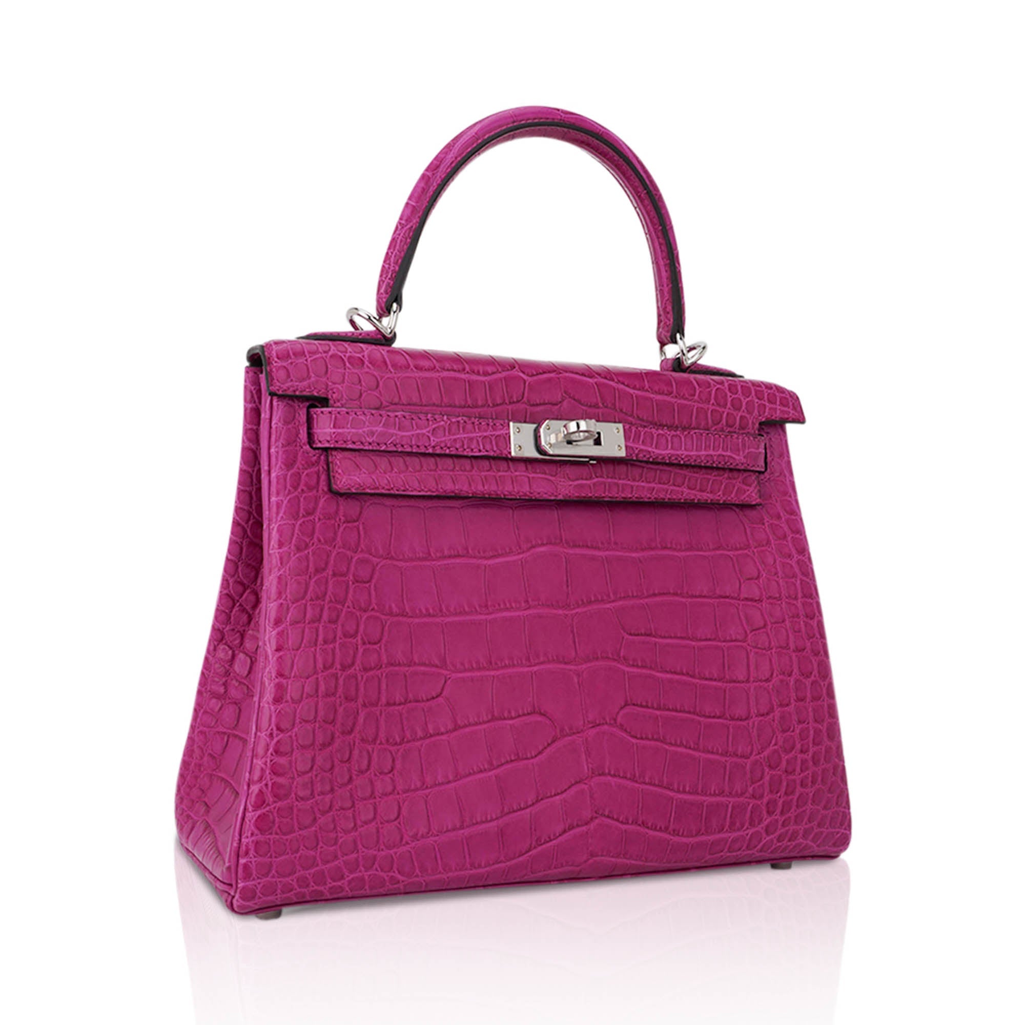 👜Kelly 25 Retourne Bag Rose Scheherazade Matte Alligator with Palladium Hardware