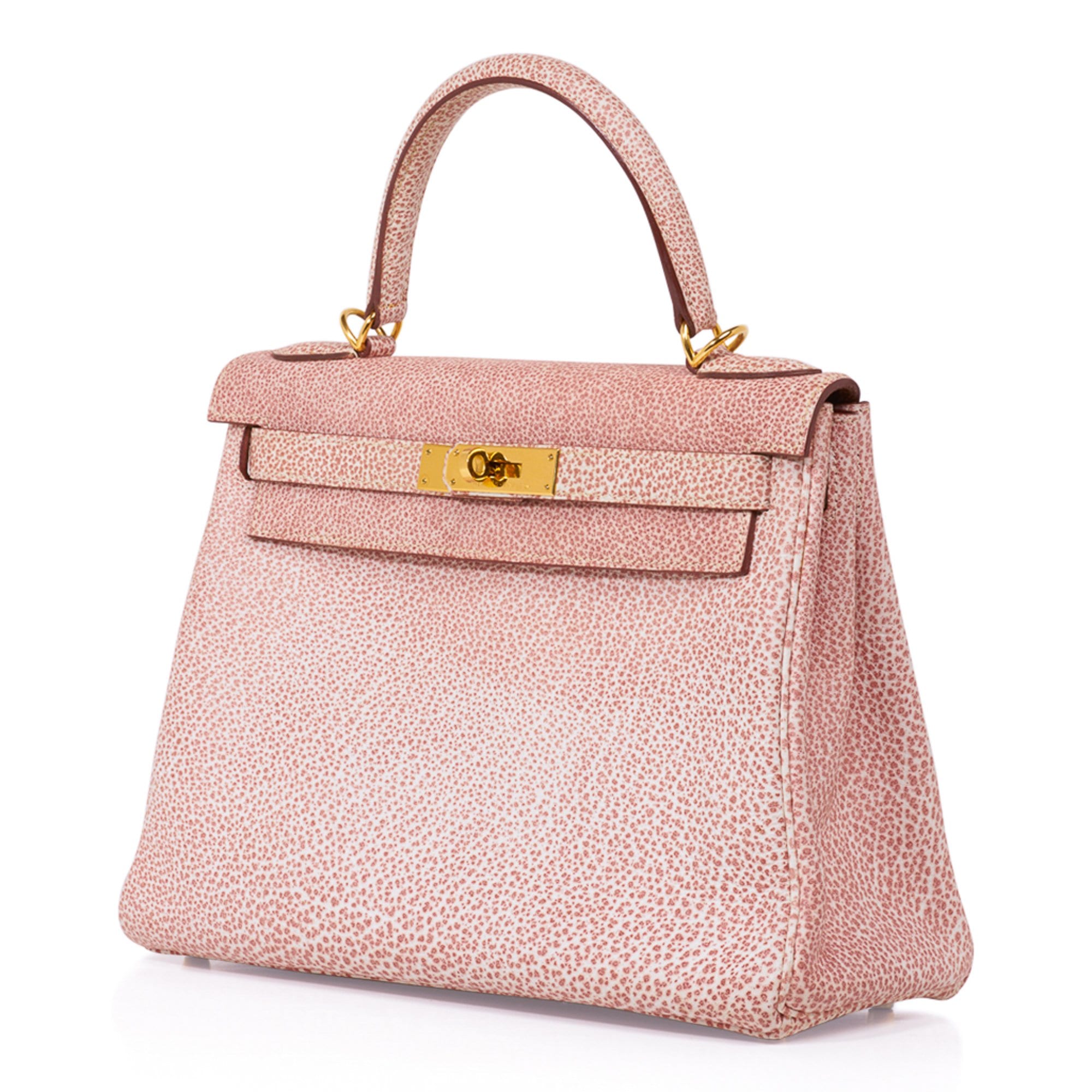 👜Kelly 28 Pink Dalmation Buffalo Skipper Leather Bag Gold Hardware