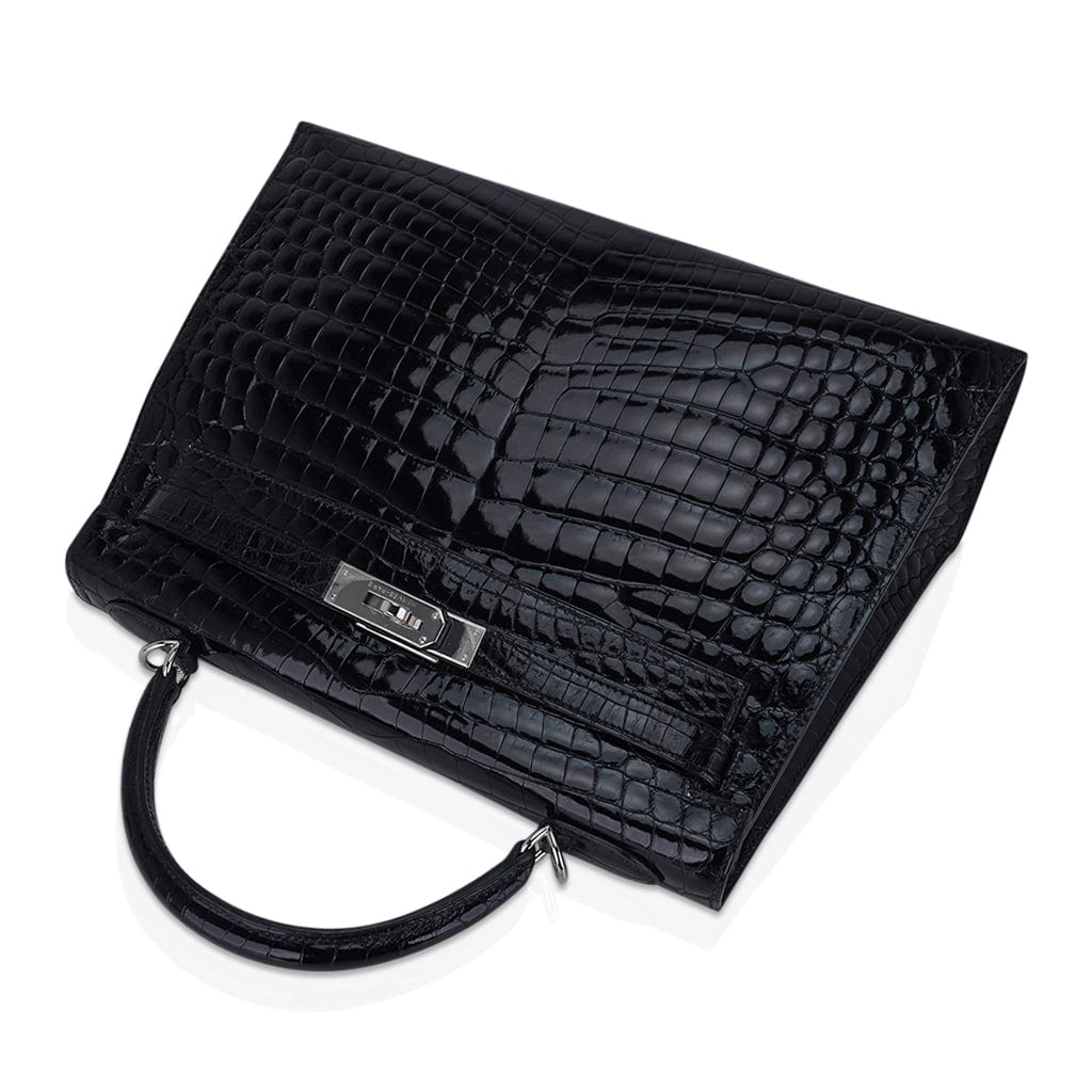 👜Kelly 32 Sellier Bag Black Crocodile with Palladium Hardware