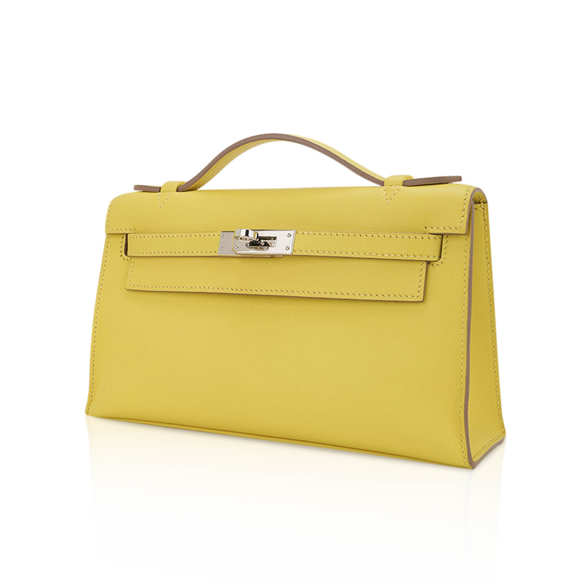 👜Kelly Pochette Clutch Bag Jaune De Naples Swift Leather with Palladium Hardware