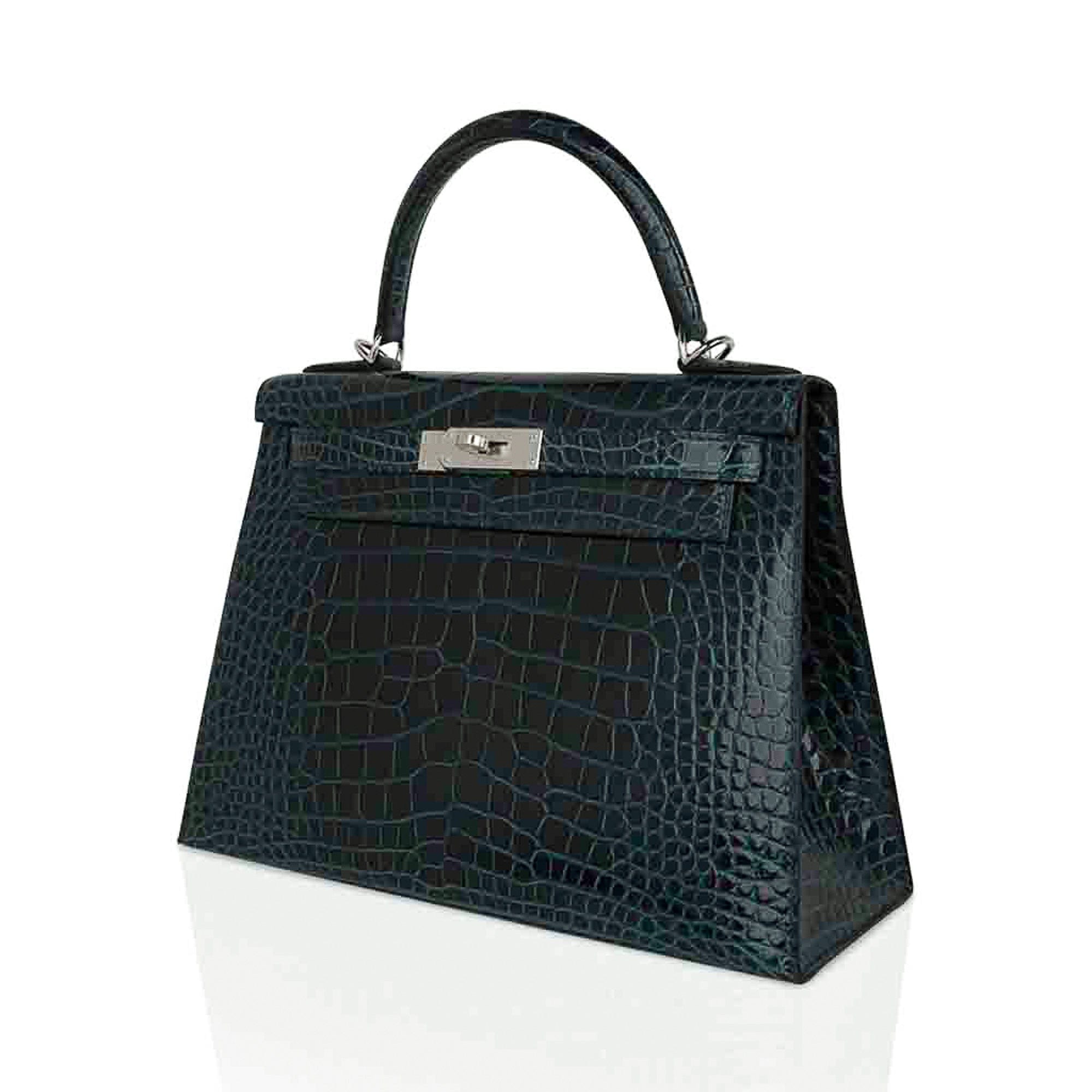 👜Kelly 28 Sellier Verso Vert Cypress / Vert Jade Bag Alligator Palladium Hardware