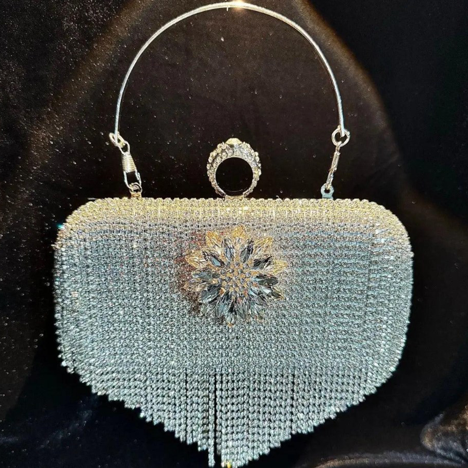 Silvery Crystal Encrusted Framed Evening Pouch with Cascading Shimmer Strands and Dual Carry Metal Fixtures