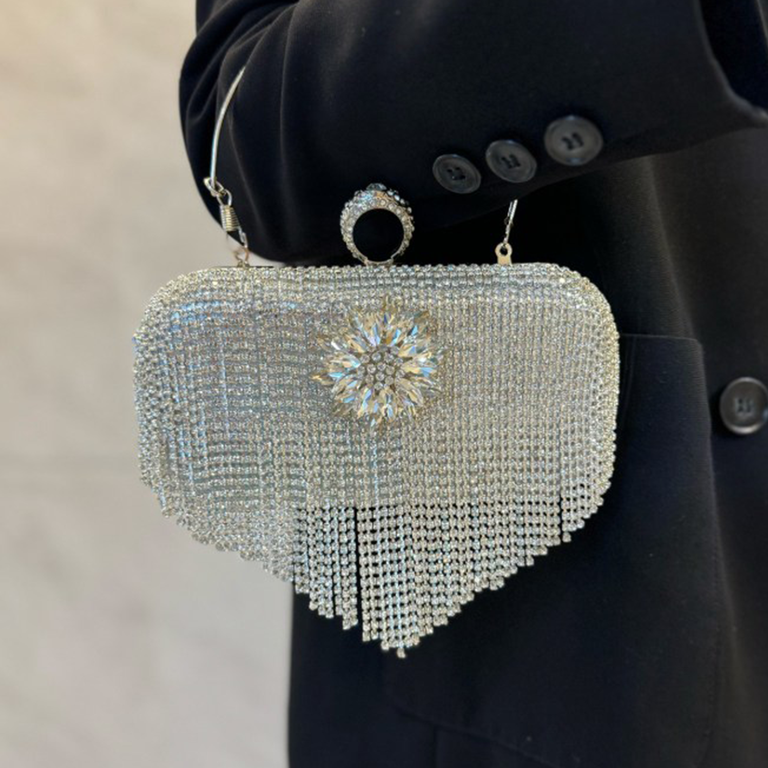 Silvery Crystal Encrusted Framed Evening Pouch with Cascading Shimmer Strands and Dual Carry Metal Fixtures