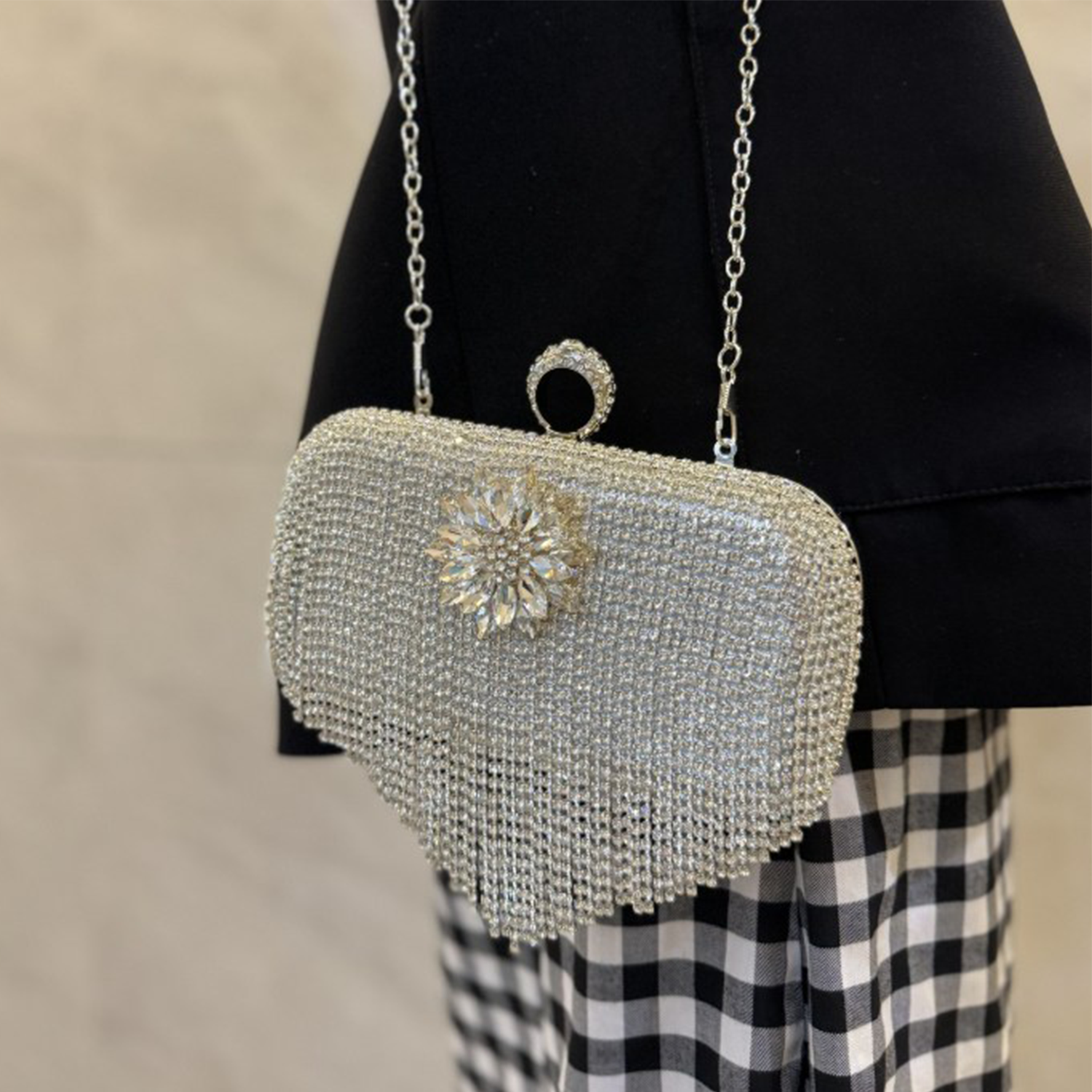 Silvery Crystal Encrusted Framed Evening Pouch with Cascading Shimmer Strands and Dual Carry Metal Fixtures