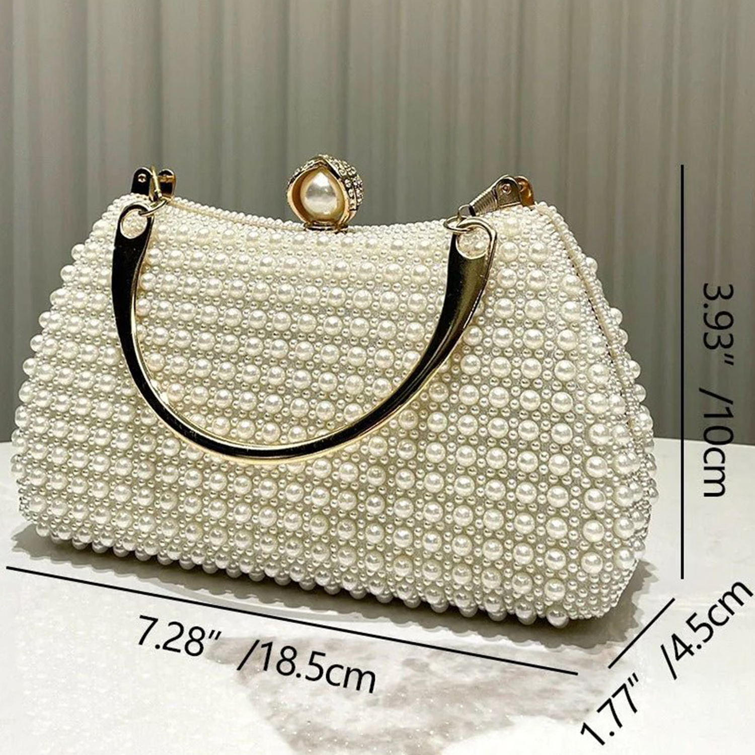 Cream White Uniform Bead Covered Framed Evening Vessel with Warm Metallic Curve Grip and Decorative Bead Clasp
