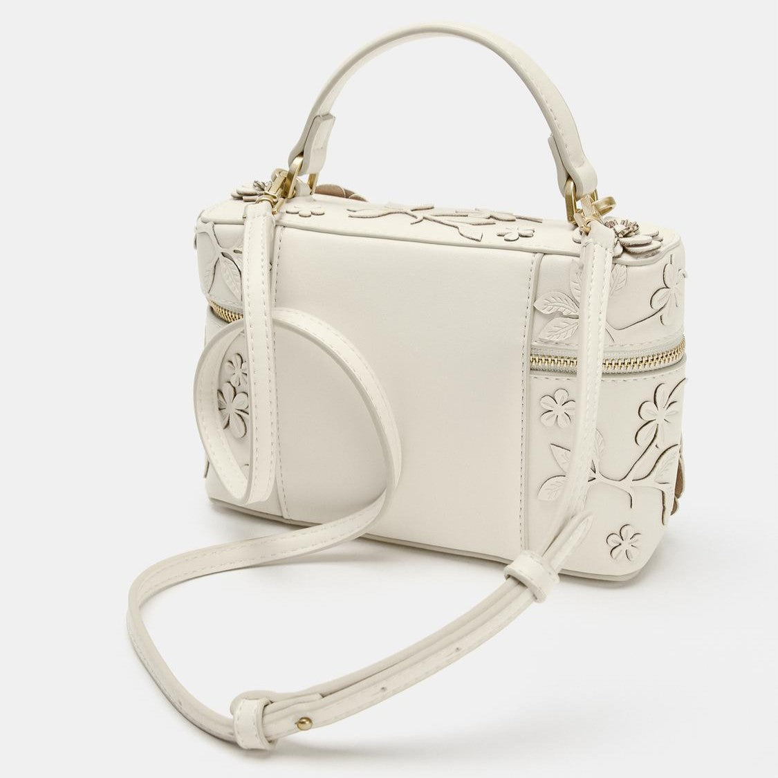 Soft Off-White Dimensional Floral Appliqué Rectangular Vanity Carry Casket With Curved Top Gripping Loop And Dual Metallic Zip Pull Closure Train Case