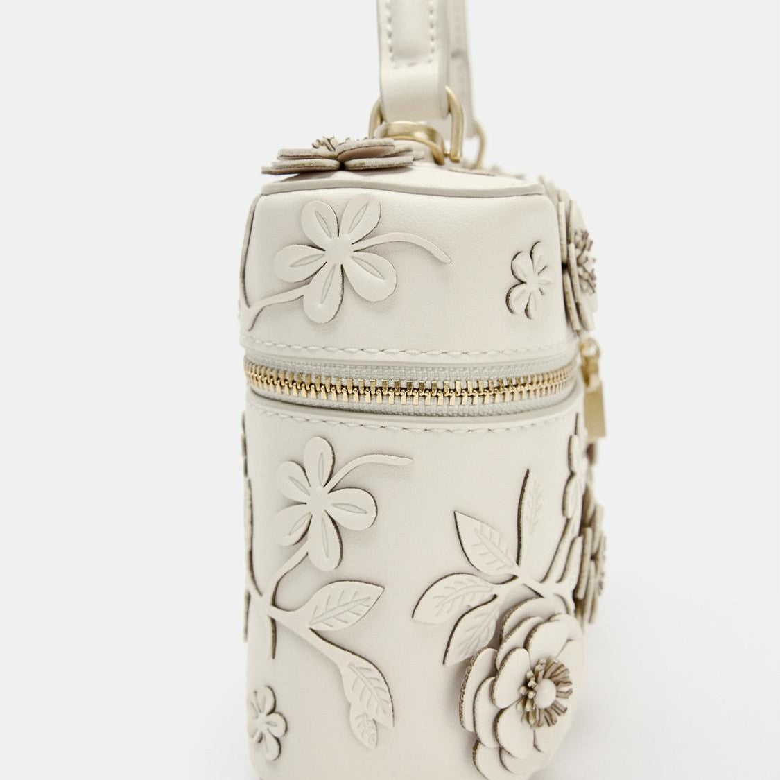 Soft Off-White Dimensional Floral Appliqué Rectangular Vanity Carry Casket With Curved Top Gripping Loop And Dual Metallic Zip Pull Closure Train Case