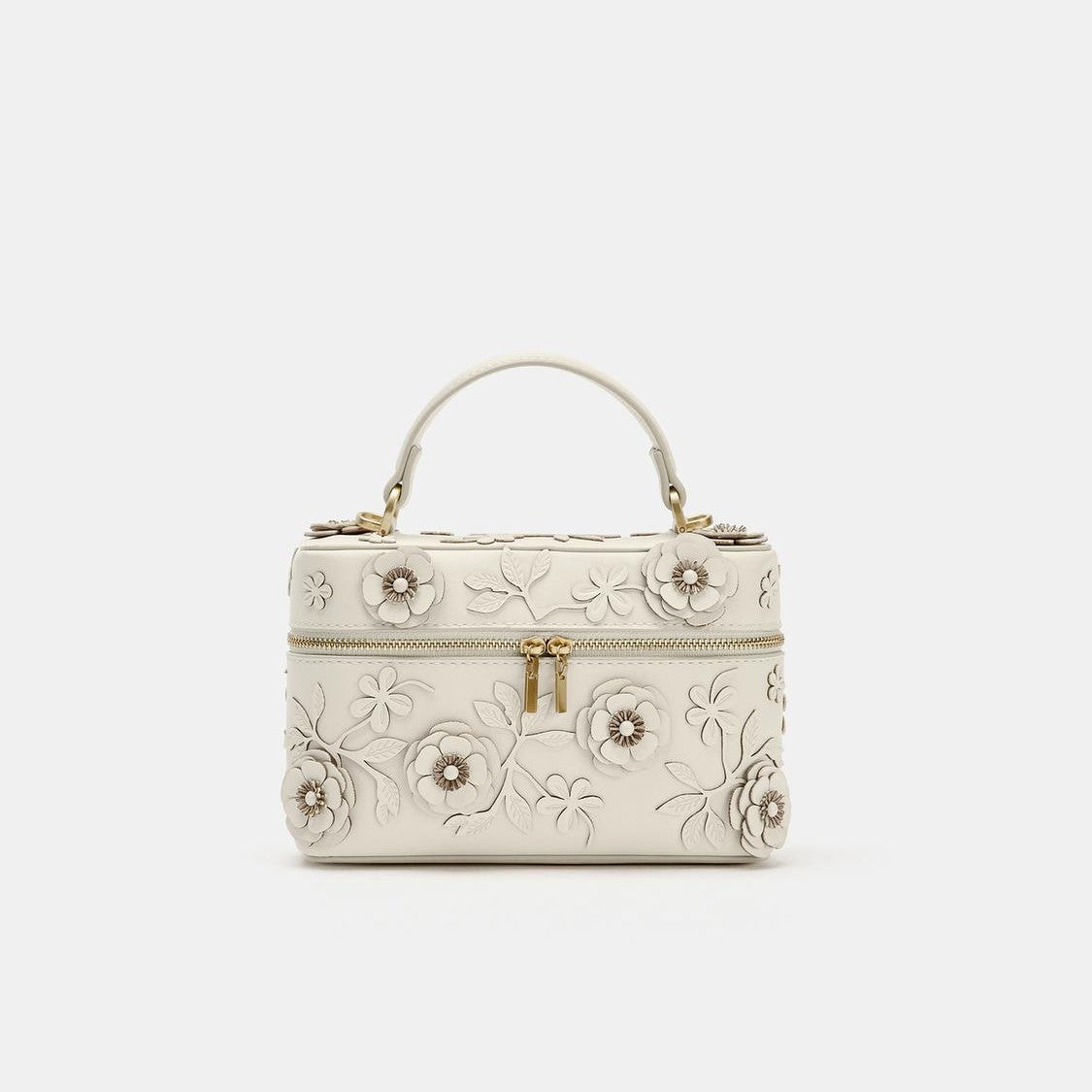 Soft Off-White Dimensional Floral Appliqué Rectangular Vanity Carry Casket With Curved Top Gripping Loop And Dual Metallic Zip Pull Closure Train Case