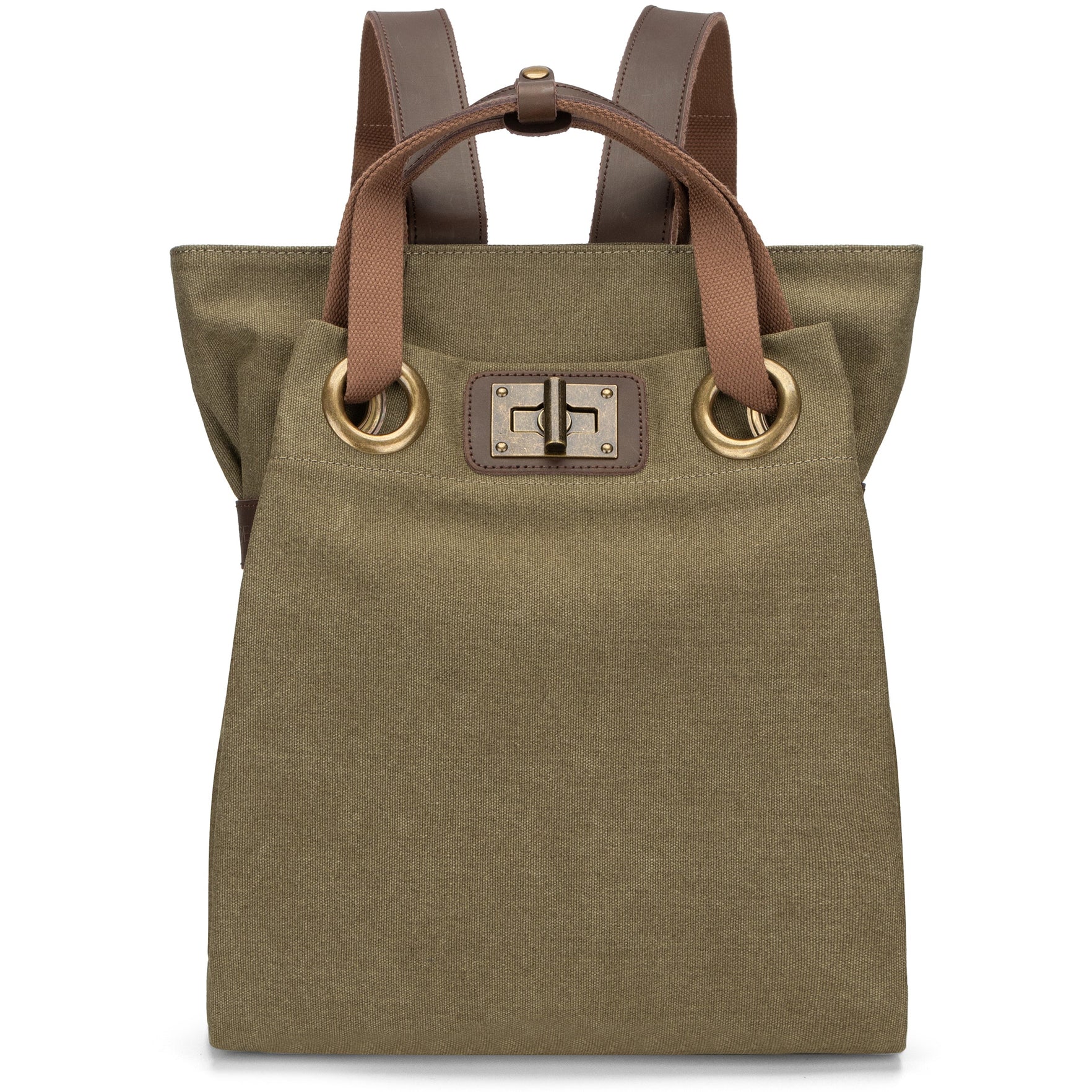 Olive/Washed Blue Dual-Mode Rectangular Canvas Carry Vessel with Antiqued Metallic Grommet Twist Lock and Convertible Hand & Back Carry Fixtures Backpack