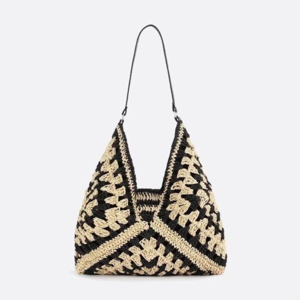 Cream And Dark Geometric Open-Weave Sloped Shoulder Tote with Solid Warm Lined Interior and Single Smooth Carry Band Handbag