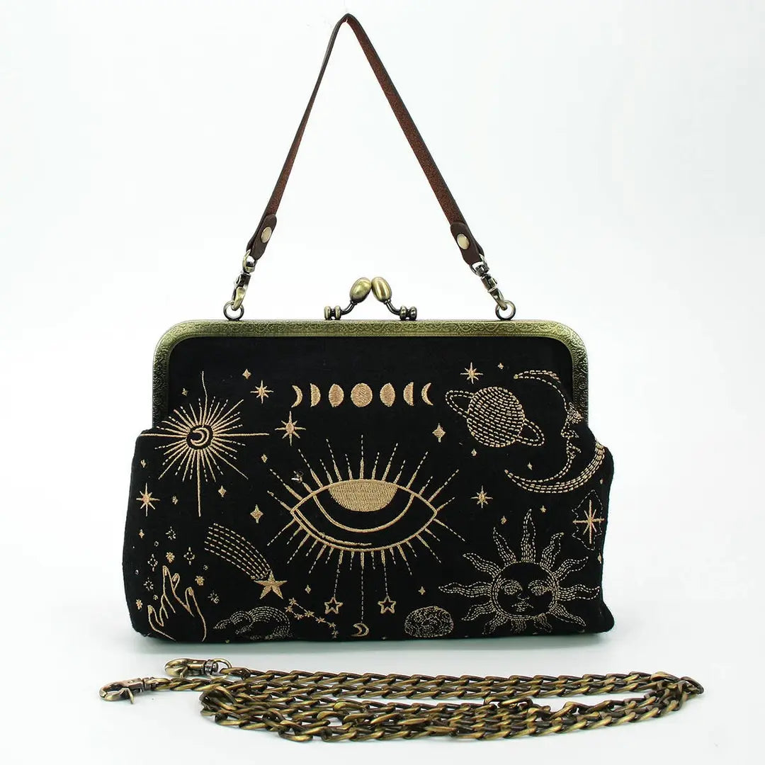 Deep Black Celestial Motif Framed Kiss Lock Carry Pouch Vintage Metallic Trim Dual Carry Hardware Options