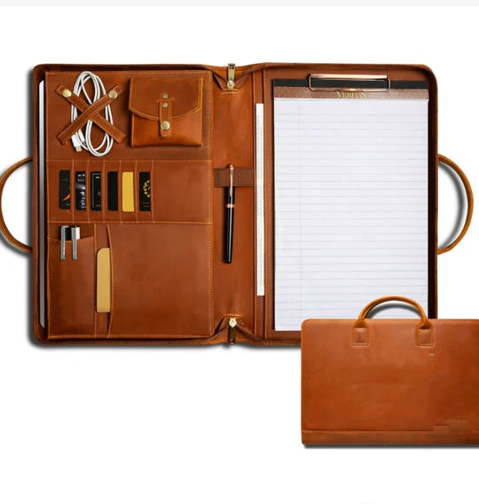 Warm Amber Multi-Compartment Zipped Document Carry Case With Outer Curved Gripping Loops And Multi-Zoned Inner Accessory Storage Layout Portfolio